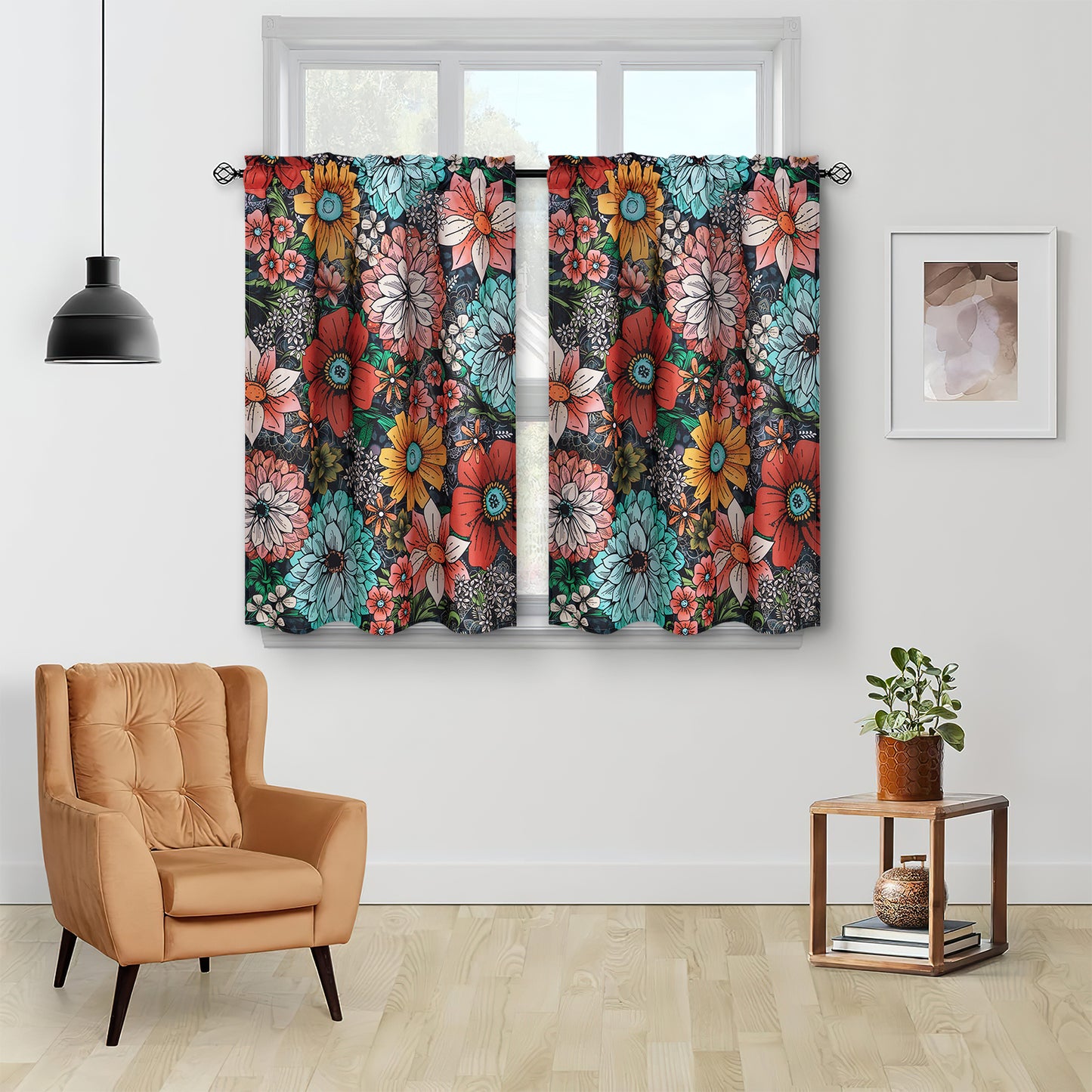 Alishomtll Boho Floral Print Kitchen Curtains 36 Length Sets for Small Window,2 Panels,Rod Pocket
