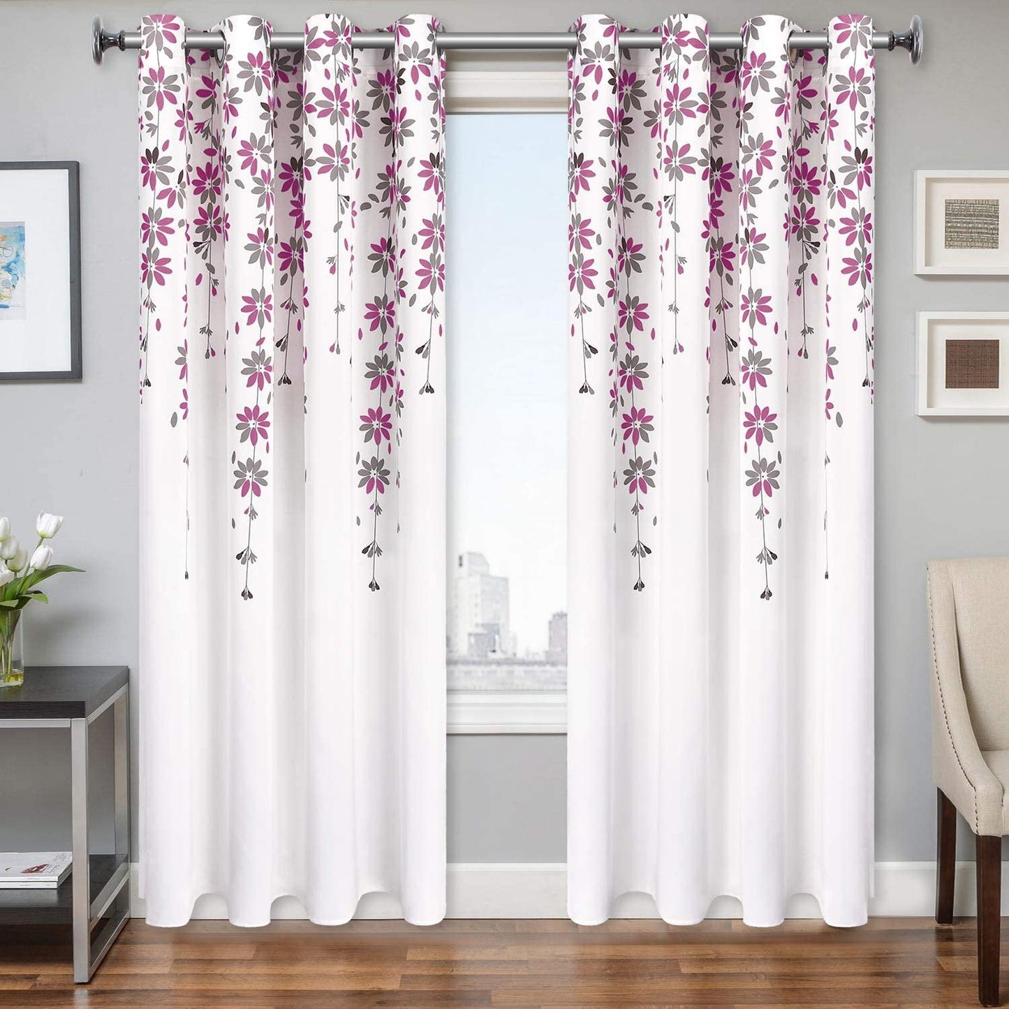 Alishomtll Falling Flower Window Curtain Grommet Light Filtering Drapes for Bedroom Living Room, Set of 2