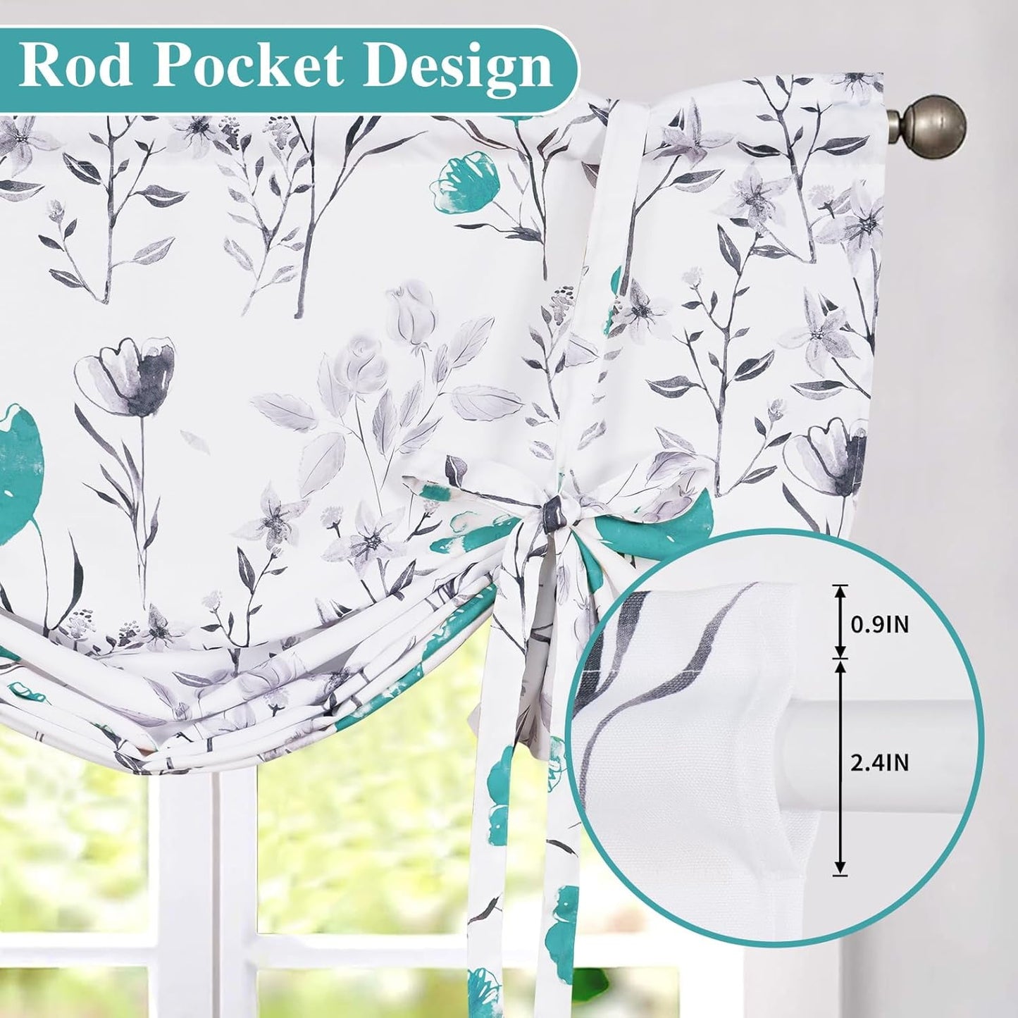 Alishomtll Teal Gray Watercolor Floral Printed Balloon Adjustable Tie Up Valances Curtains, 42 x 63 Inch