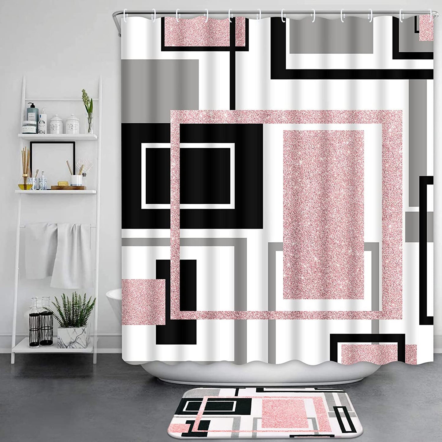 FRAMICS Pink Geometric Shower Curtain Sets with Rugs, 16 Pc Modern Abstract Bathroom Sets, Waterproof Fabric Bathroom Curtain Decor with Hooks