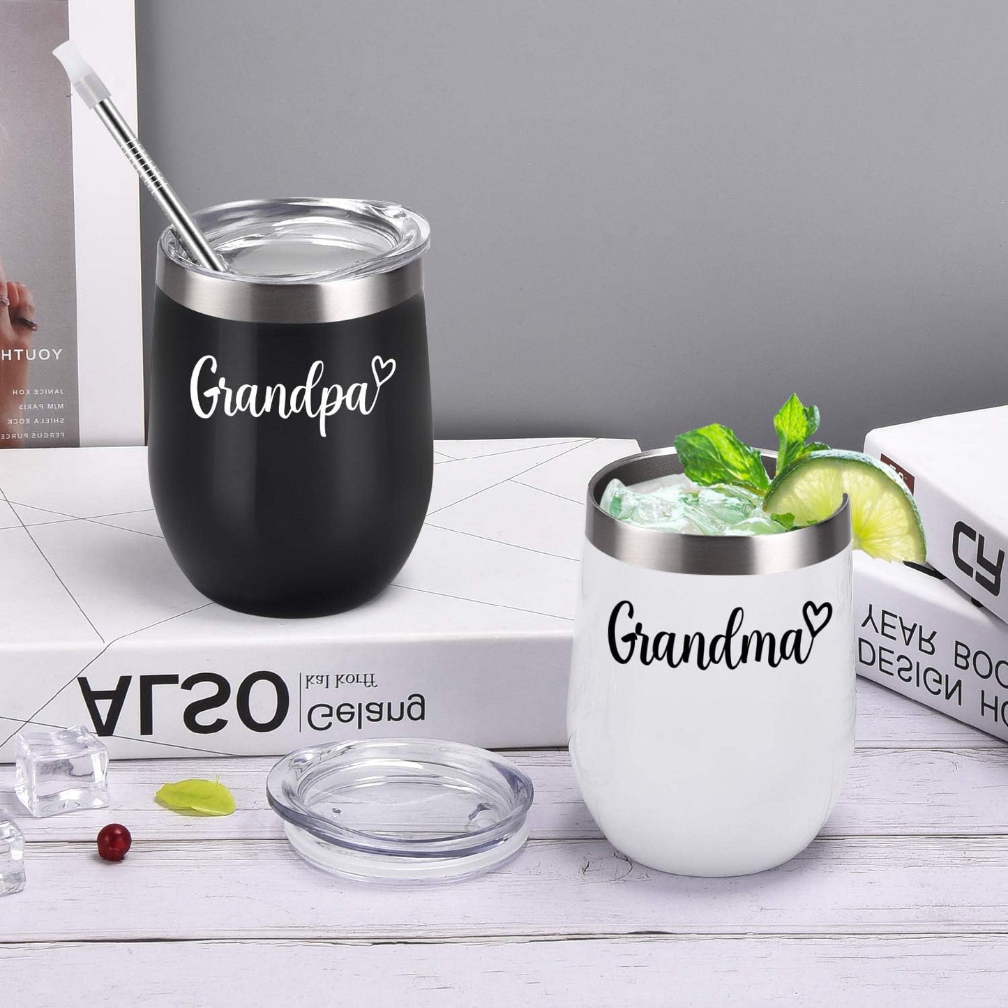 Gingprous 12 oz Grandpa and Grandma Wine Tumbler Set, Insulated Stainless Steel Tumbler with Lid , Black&White