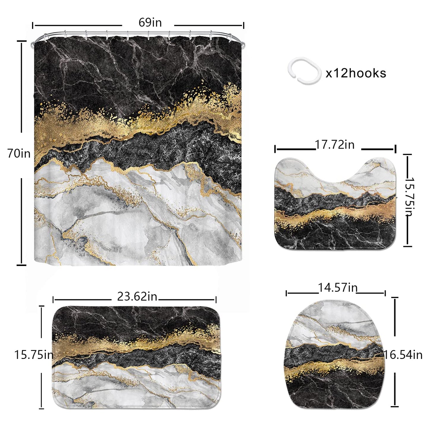 FRAMICS Black Gold Marble Shower Curtain and Rug Sets, 16 Pc Modern Bathroom Sets, Waterproof Fabric Shower Curtain with 12 Hooks and Toilet Rugs