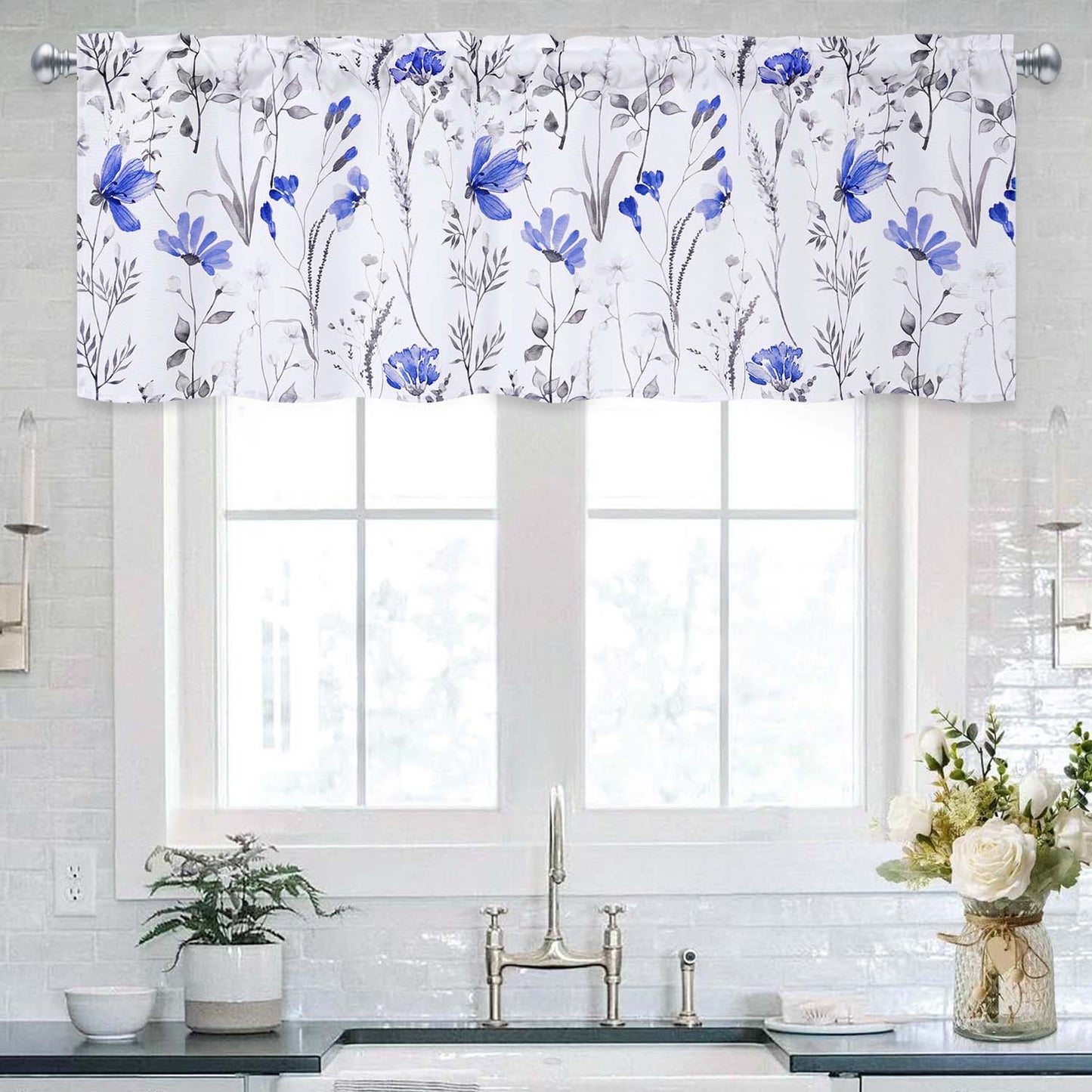 Alishomtll Valance Curtains Blue Flower Floral Print Valances for Windows Rod Pocket,52W" x 18L"