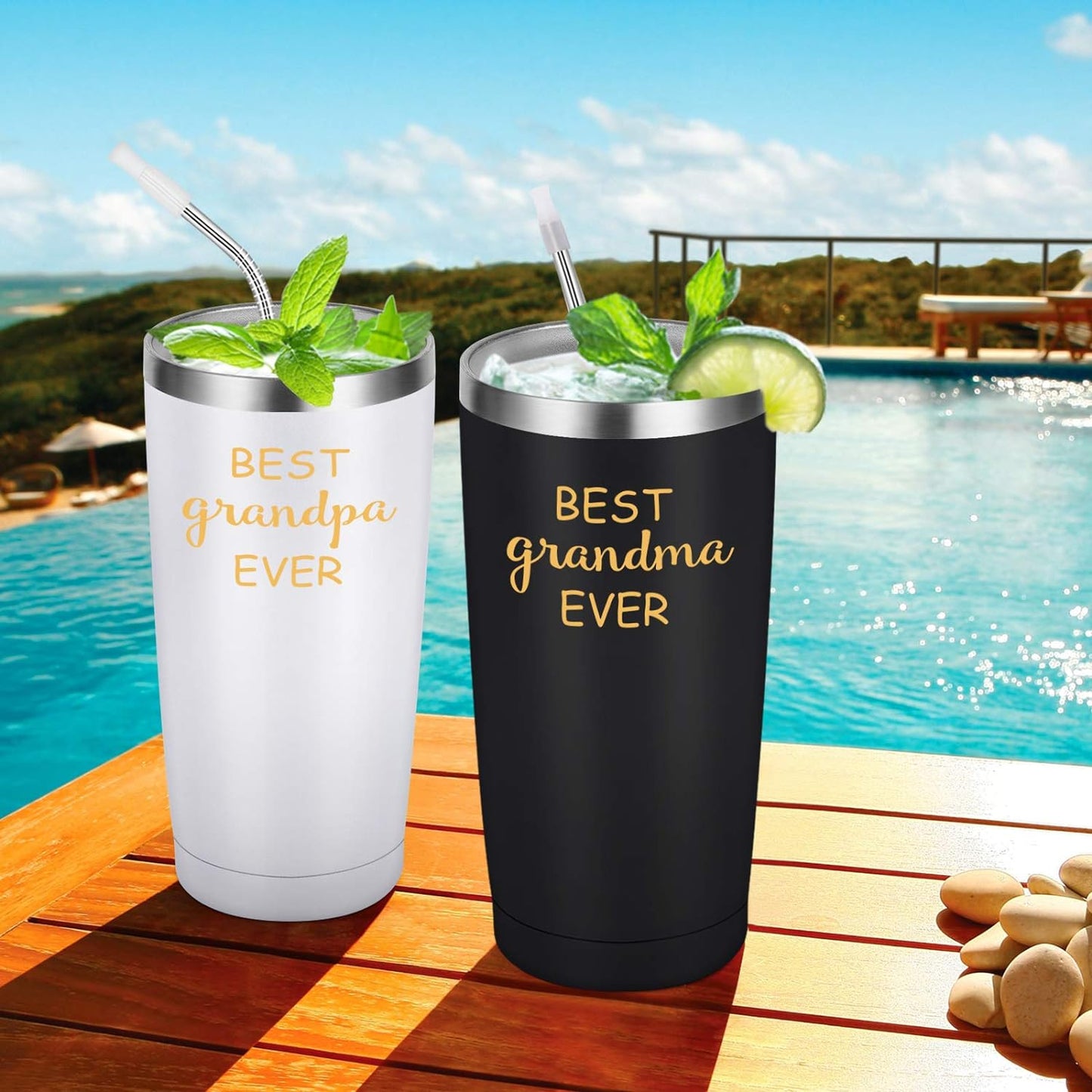 Gingprous 20oz Stainless Steel Insulated Travel Tumbler Set with 2 Lids and Straws , Vacuum Insulated Coffee Cup, Black&White