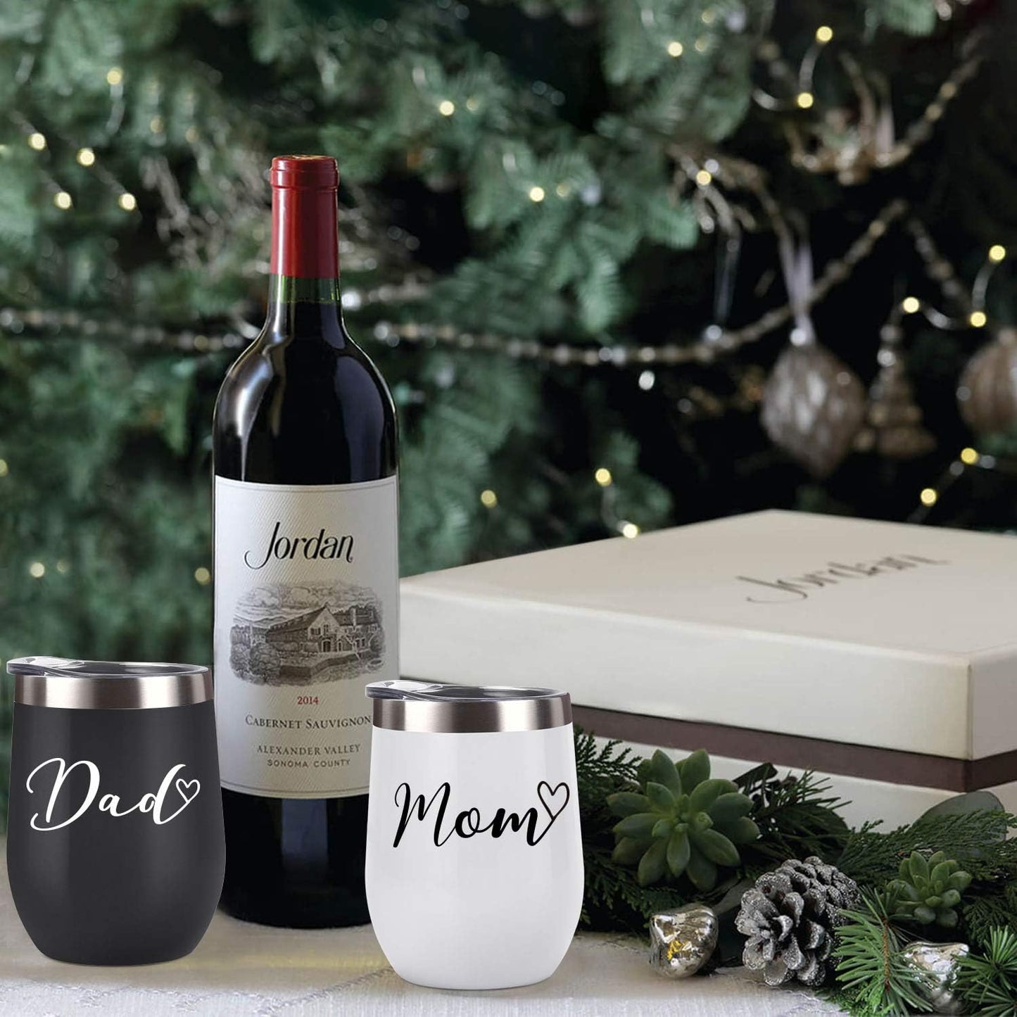 Gingprous 12oz Stainless Steel Wine Tumbler with Lid , Mom and Dad Insulated Tumbler Set , Funny Christmas Gifts , Black and White