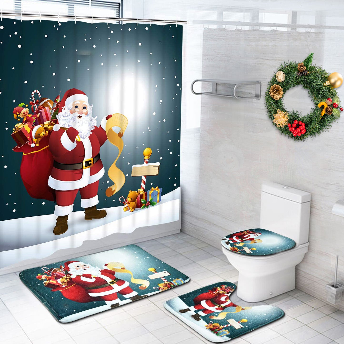 FRAMICS Merry Christmas Shower Curtain Sets with Rugs, Santa Claus Bathroom Decor Set, Blue Xmas Waterproof Fabric Shower Curtain with 12 Hooks and Toilet Rugs