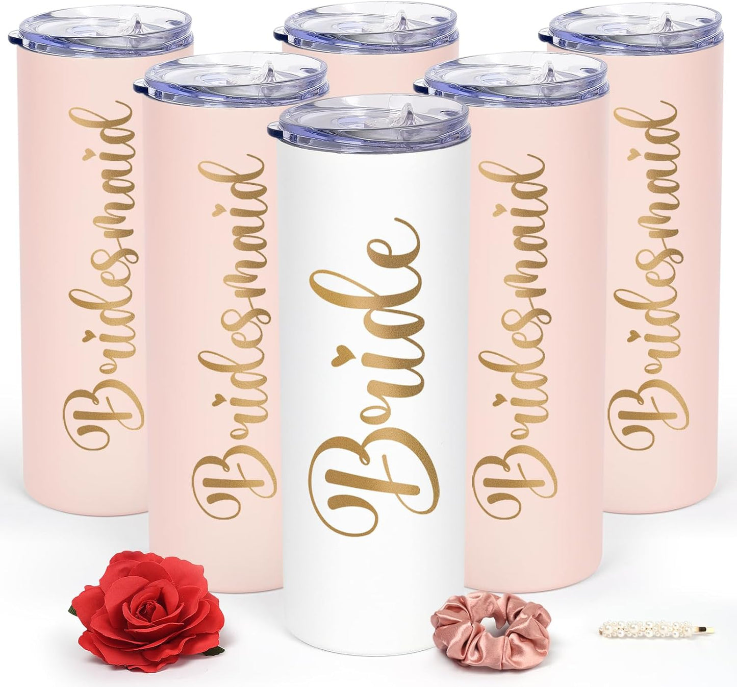 Gingprous 20oz Bride、Bridesmaid Stainless Steel Skinny Tumbler with Lids Straws,Double Wall Travel Tumblers, Vacuum Insulated Tumblers , Engagement Wedding Gifts Bridesmaids Tumblers ,Multicolor