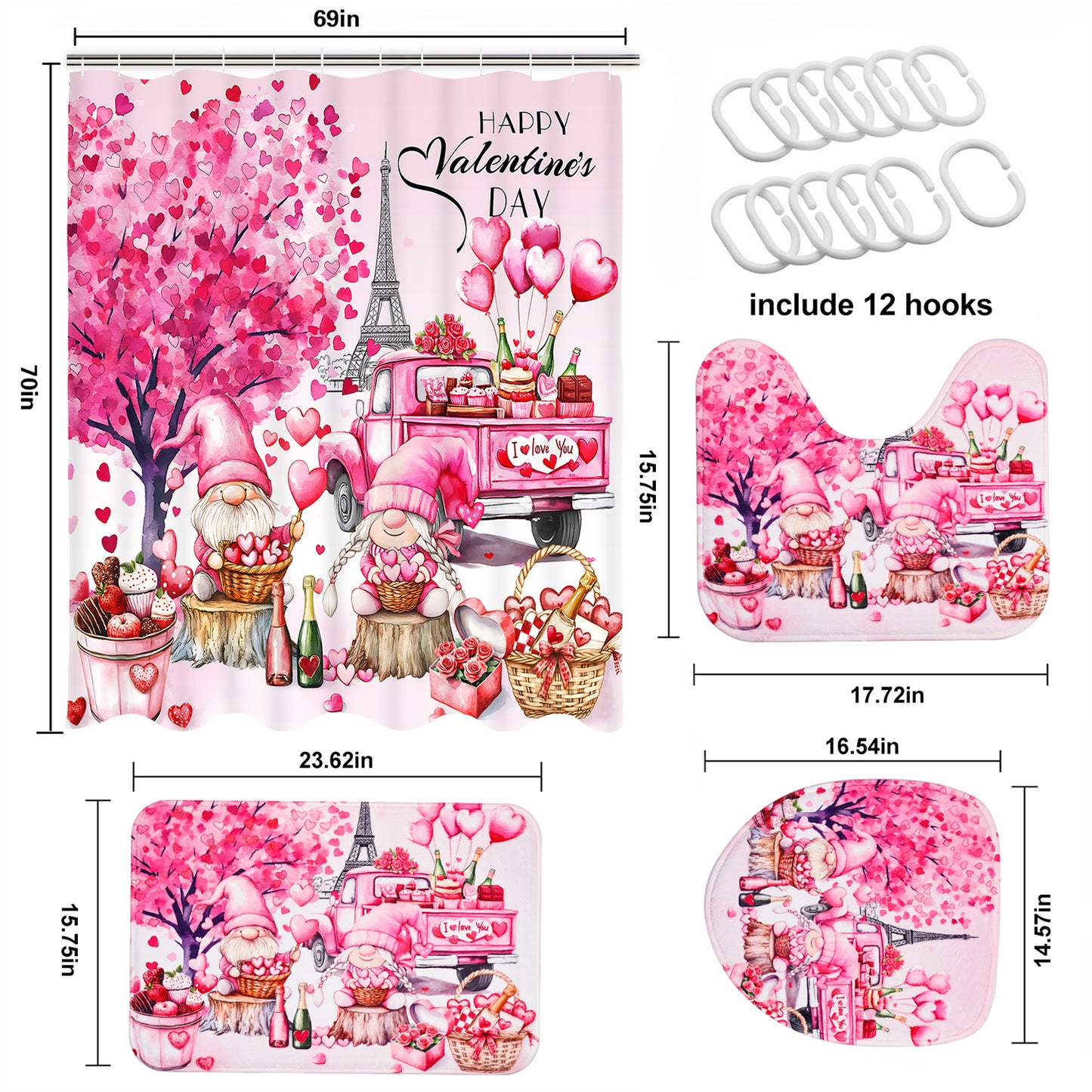 FRAMICS Happy Valentine's Day Shower Curtain Sets with Rugs, 16 Pc Pink Gnome Truck Bathroom Sets, Love Heart Tree Waterproof Fabric Bathroom Curtain Decor with Hooks