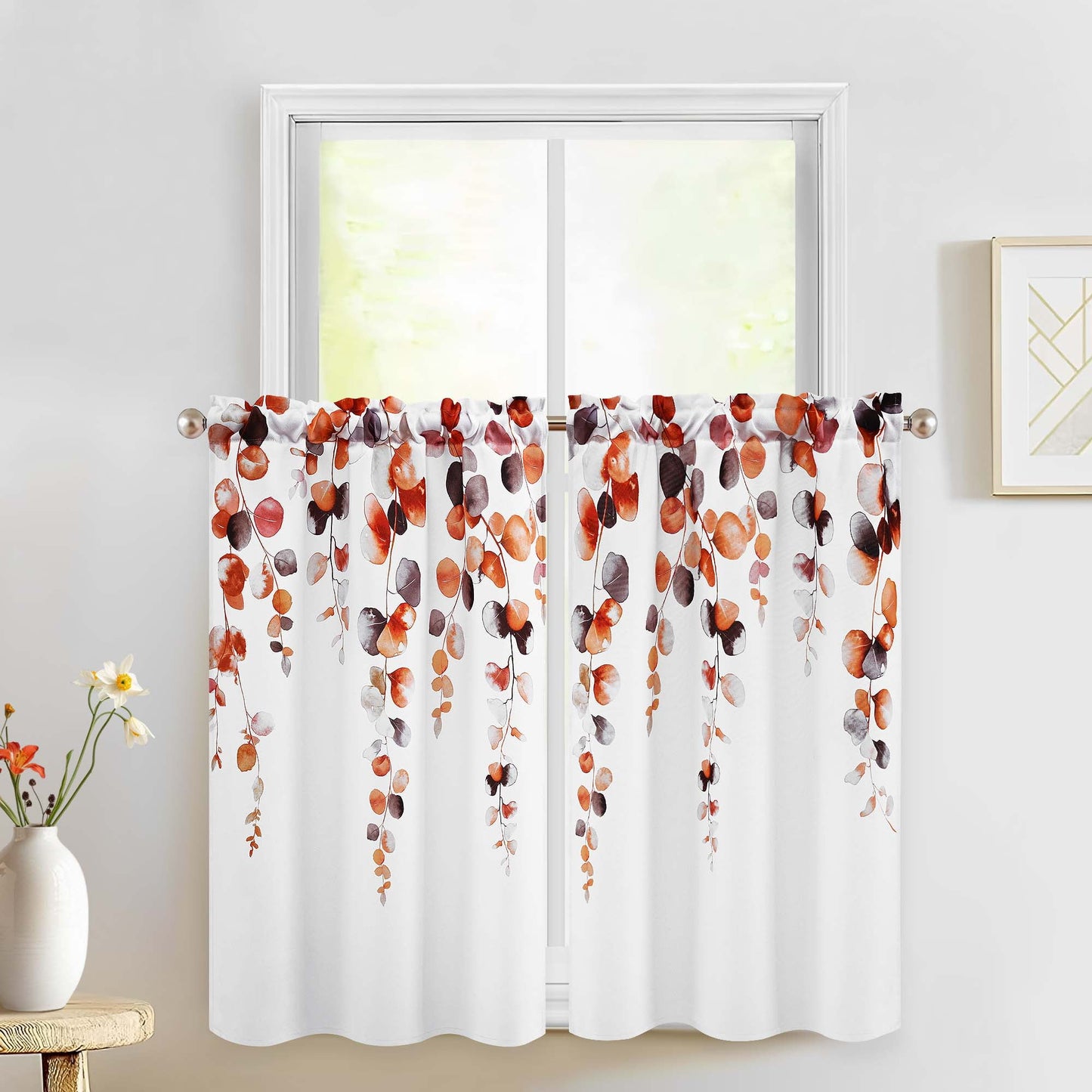 Alishomtll Fall Autumn Valance Curtains for Living Room Bedroom Kitchen Windows Grey Orange Watercolor Leaves Print ,52 x 18 inch,Rod Pocket