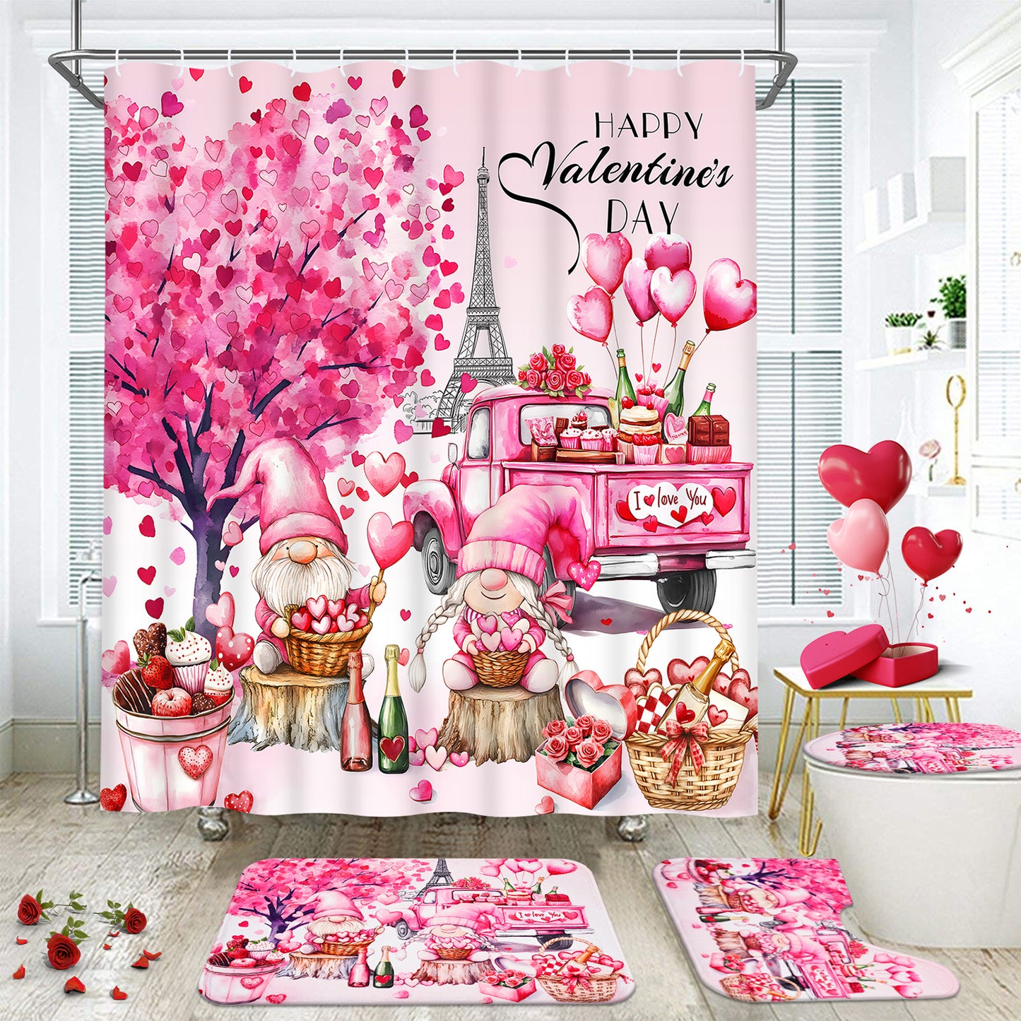 FRAMICS Happy Valentine's Day Shower Curtain Sets with Rugs, 16 Pc Pink Gnome Truck Bathroom Sets, Love Heart Tree Waterproof Fabric Bathroom Curtain Decor with Hooks