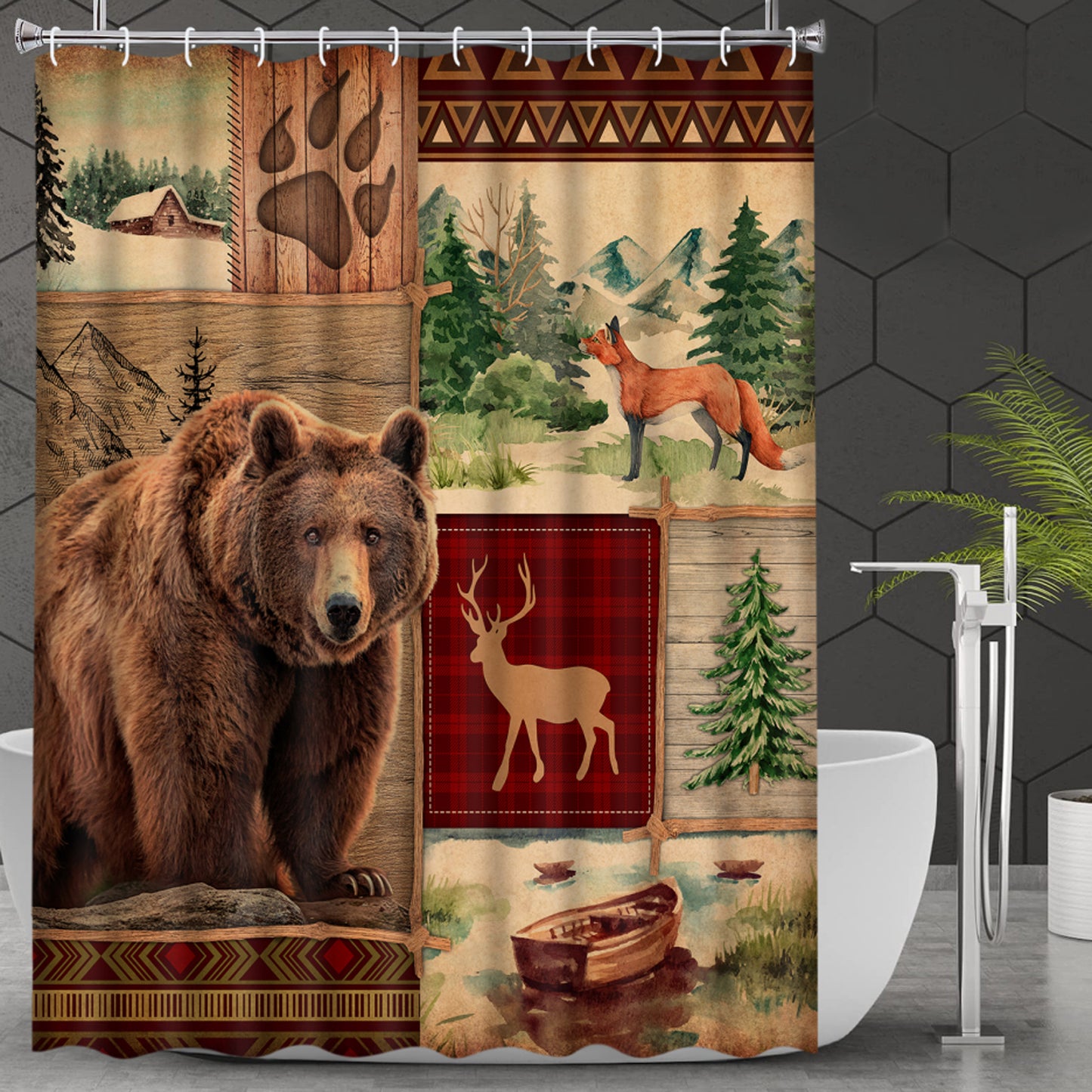 FRAMICS 16 Pc Rustic Bear Shower Curtain Sets with Rugs, Farmhouse Country Cabin Bathroom Sets, Brown Deer Waterproof Fabric Shower Curtain with 12 Hooks and Toilet Rugs