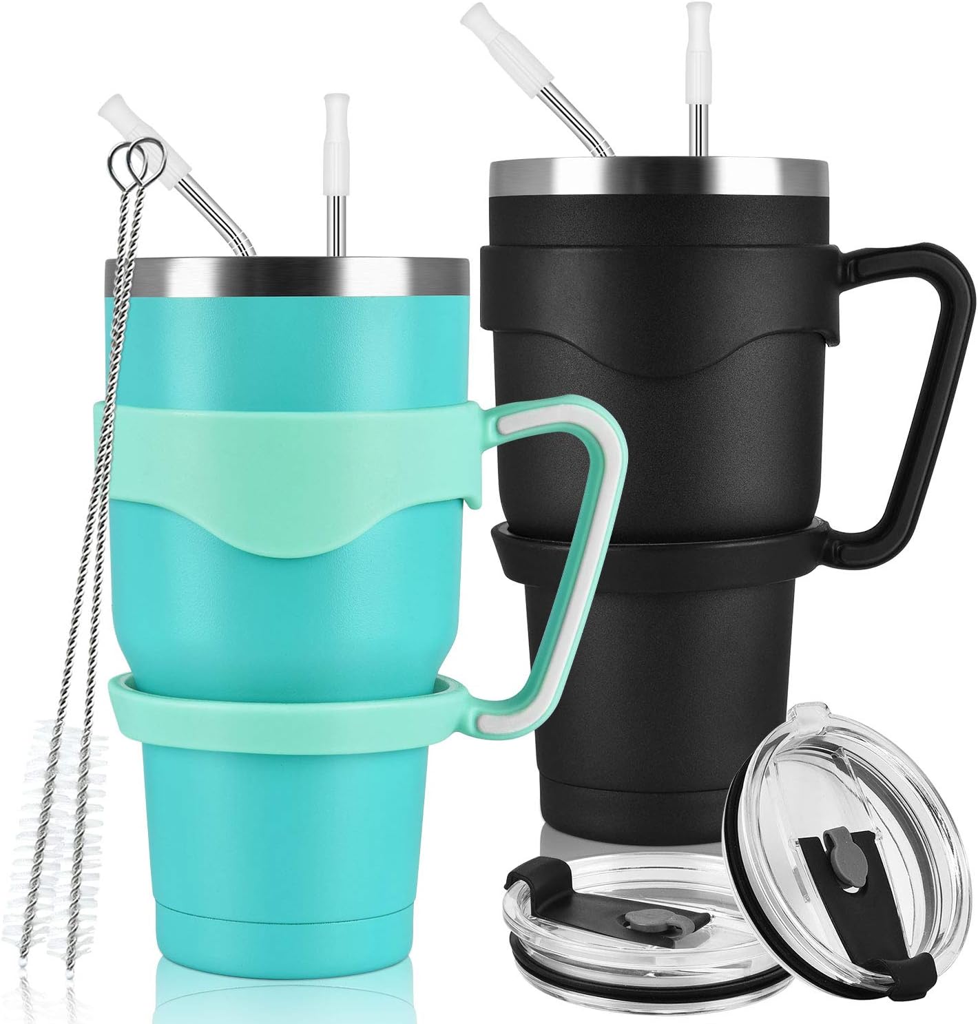 Gingprous 2 Pack 30 oz Stainless Steel Tumblers with Lids Straws , Double Wall Travel Tumblers , Vacuum Insulated Coffee Cup