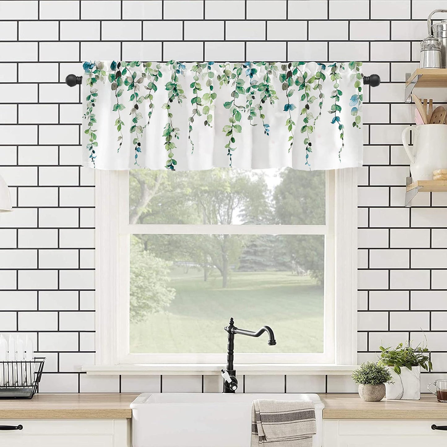 Alishomtll Valance Curtains for Living Room Bedroom Kitchen Windows Grey Green Watercolor Leaves Print ,52 x 18 inch,Rod Pocket
