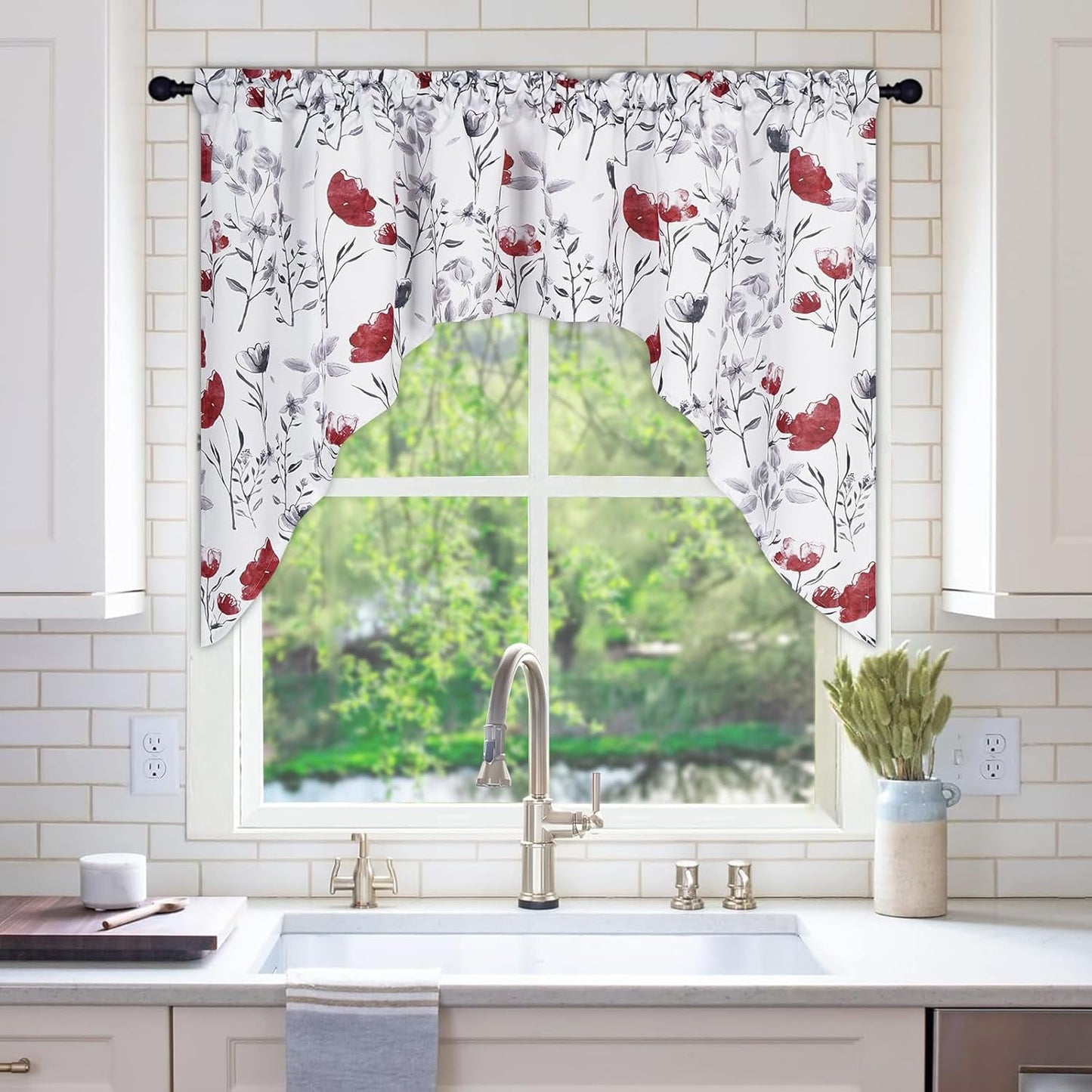 Alishomtll Kitchen Curtains Valances Swags for Windows Red Floral Printed Window Drapes, 61" W x 36"