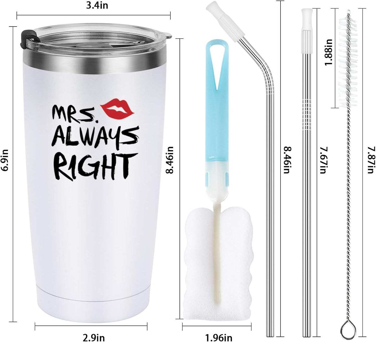 Gingprous 2 Pack 20 oz Mr. Right Mrs. Always Right Stainless Steel Travel Tumblers Set with Lids Straws , Black&White