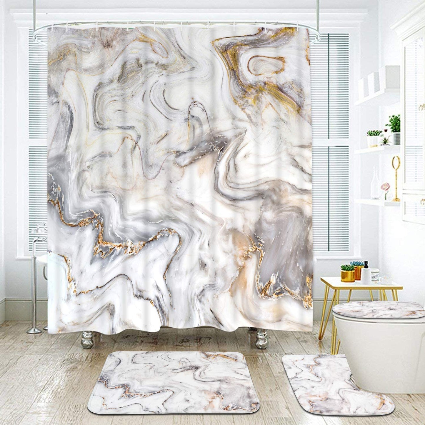 FRAMICS 16 Pc Beige Marble Shower Curtain and Rug Sets, Modern Abstract Bathroom Sets, Waterproof Fabric Shower Curtain with 12 Hooks and Toilet Rugs