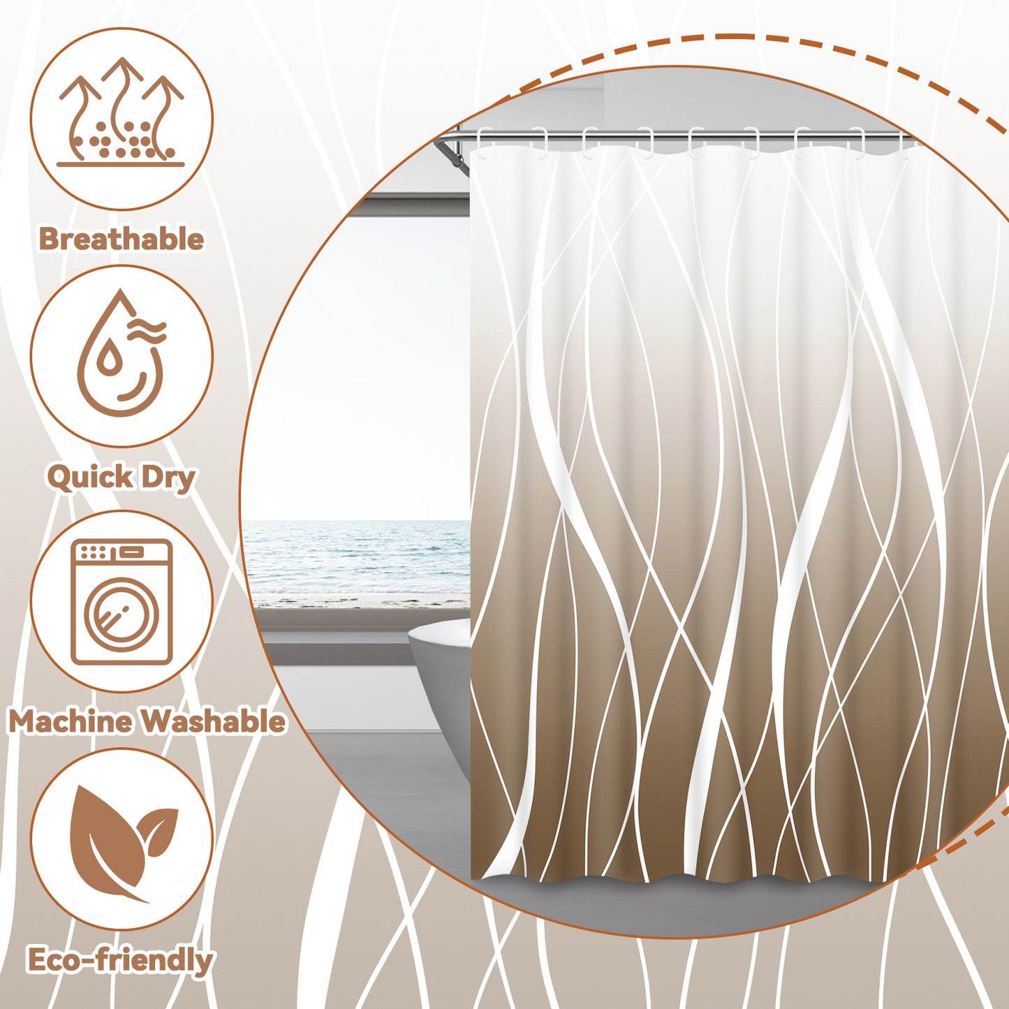 FRAMICS 15-Piece Ombre Brown Bathroom Sets with Shower Curtain and Rugs, Waterproof Fabric Striped Gradient Shower Curtain Sets, 72" x 72"