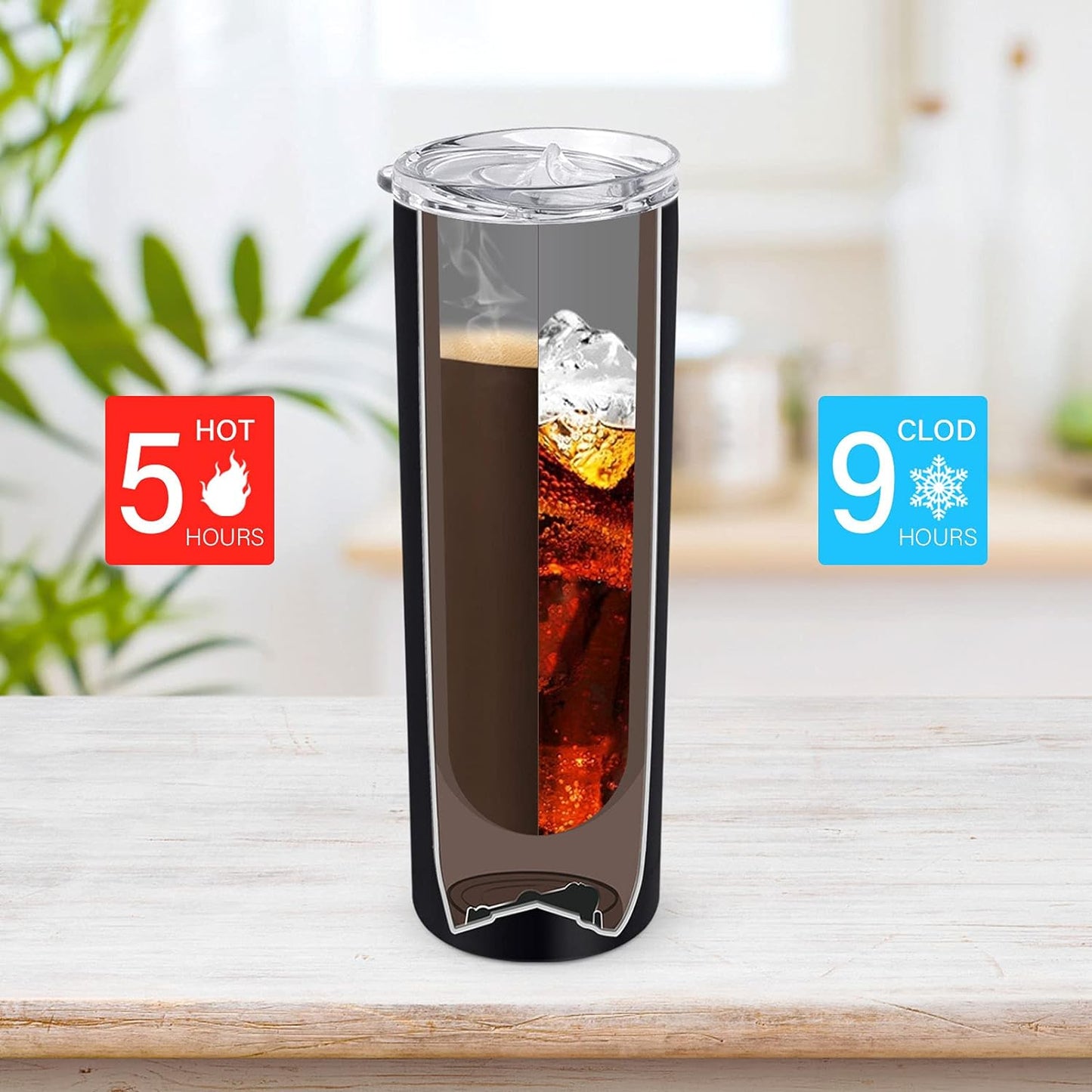 Gingprous 20 oz Stainless Steel Skinny Tumbler with Lid and Straw, Double Wall Vacuum Insulated Slim Water Tumbler Cup,Black