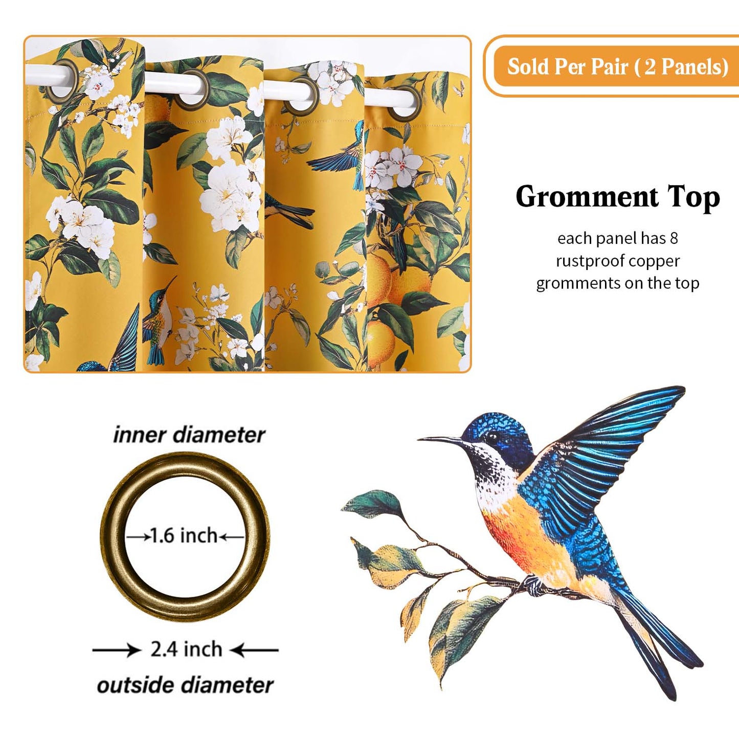 Alishomtll Floral Lemon Hummingbird Blackout Curtains Room Darkening Grommet Window Drapes for Living Room , 52" x84", ,Set of 2 Panels,Yellow