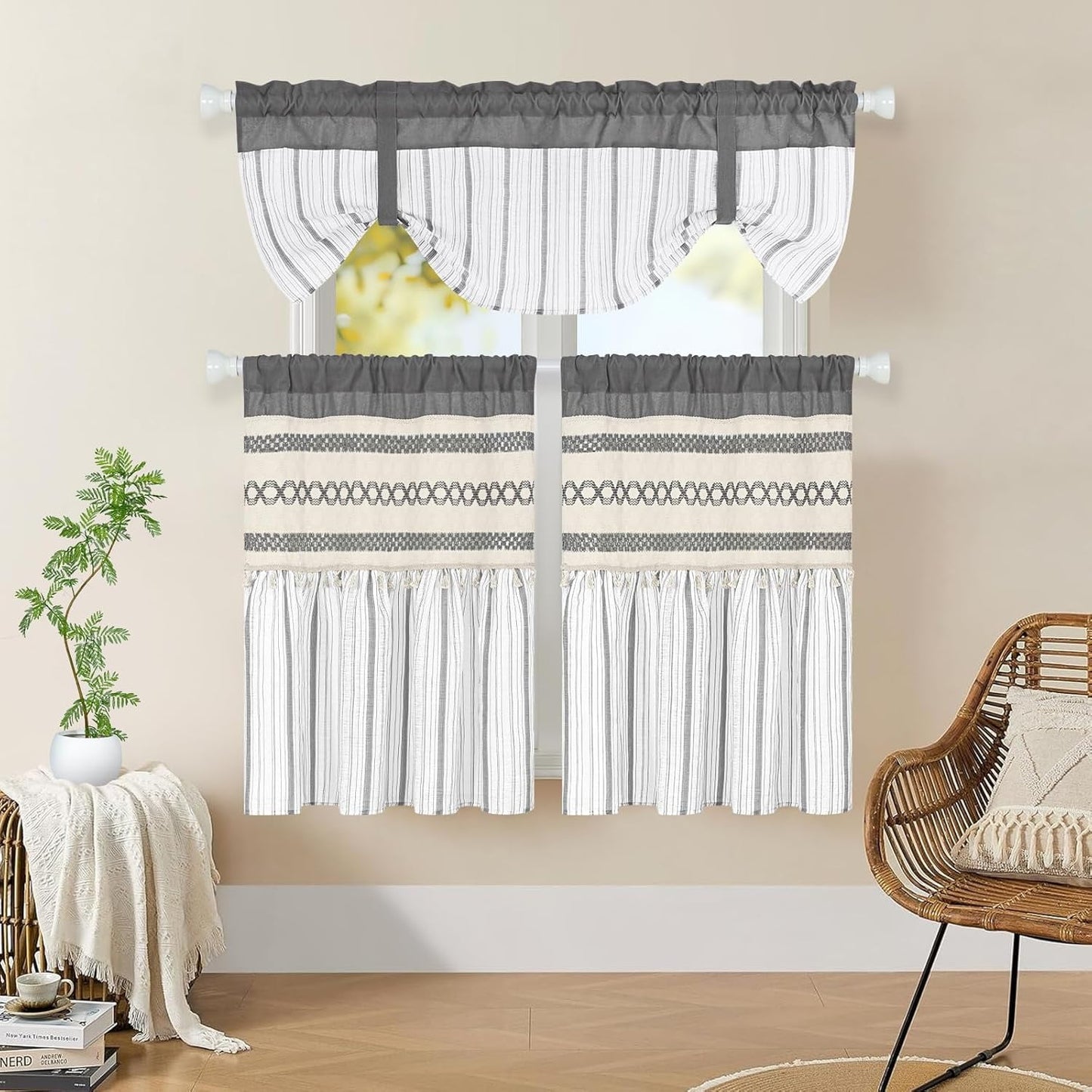 Alishomtll Boho Linen Light Filtering Curtains 84 Inches Long Farmhouse Rustic Striped Drapes Macrame Burlap ,Rod Pocket ,Beige ,with Tassel