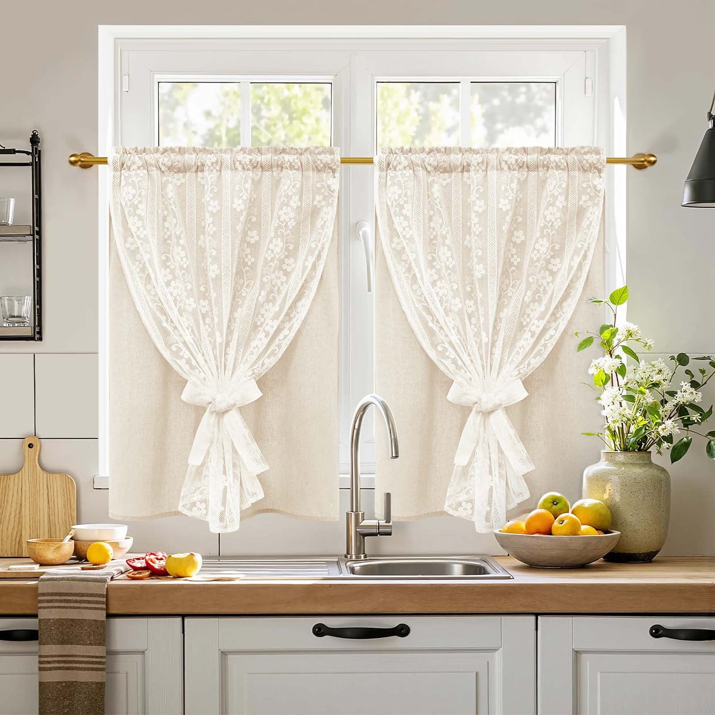 Alishomtll Beige Linen Curtains with Lace Sheer 84 Inches Long, Double Layer Light Filtering Window Drapes for Bedroom Living Room,W52 X L84,2 Panels