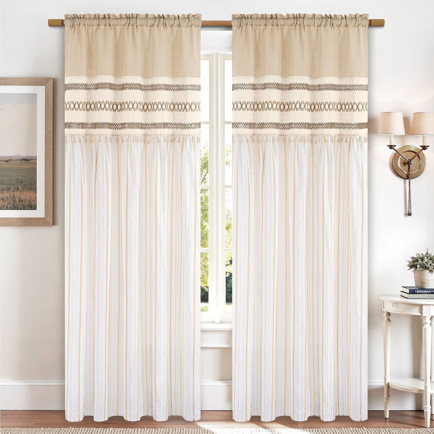 Alishomtll Boho Linen Light Filtering Curtains 84 Inches Long Farmhouse Rustic Striped Drapes Macrame Burlap ,Rod Pocket ,Beige ,with Tassel