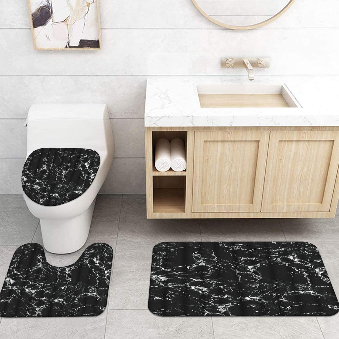 FRAMICS Black White Marble Shower Curtain and Rug Sets, 16 Pc Abstract Modern Bathroom Sets, Waterproof Fabric Shower Curtain with 12 Hooks and Toilet Rugs
