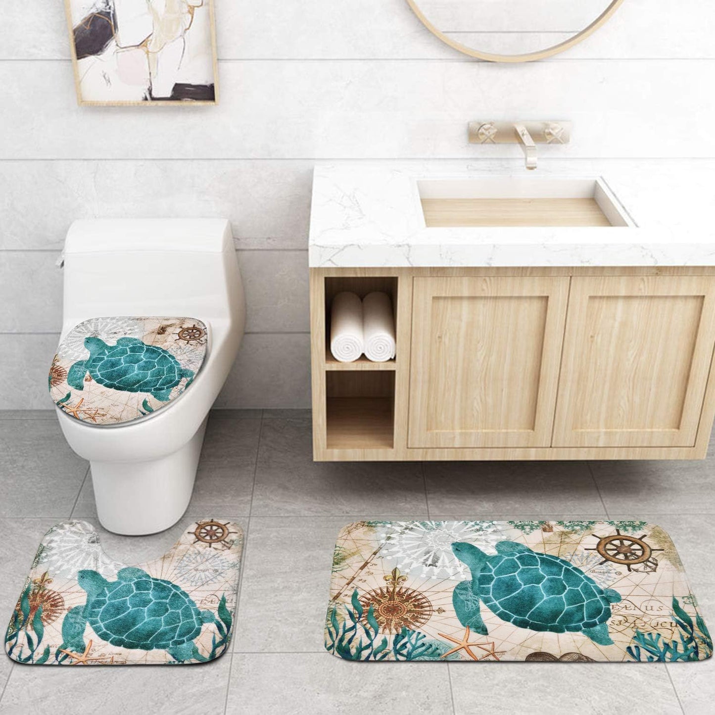 FRAMICS Sea Turtle Shower Curtain and Rug Sets, 16 Pc Blue Nautical Ocean Bathroom Sets, Waterproof Fabric Shower Curtain with 12 Hooks and Toilet Rugs