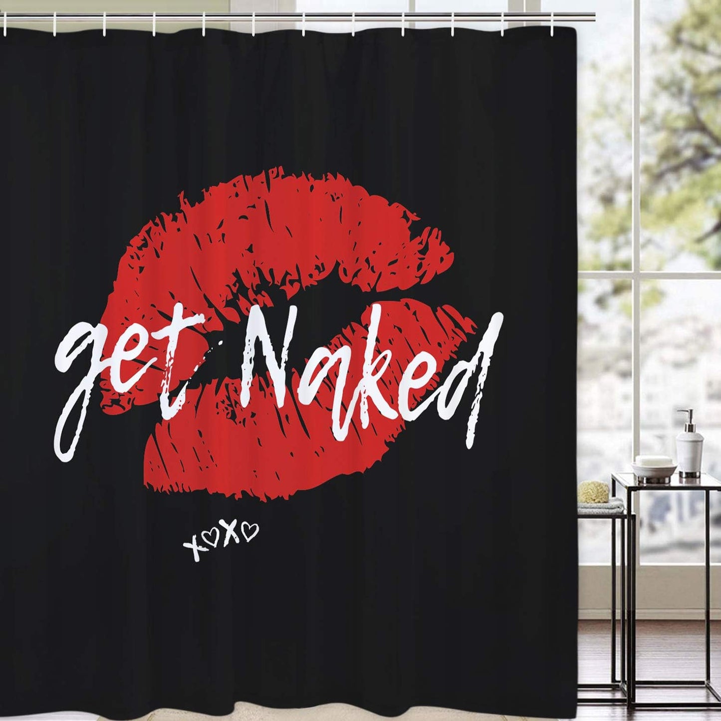 FRAMICS Red Sexy Lips Shower Curtain and Rug Sets, 16-Piece Get Naked Bathroom Shower Curtain Sets, Waterproof Fabric Shower Curtain with 12 Hooks and Toilet Rugs