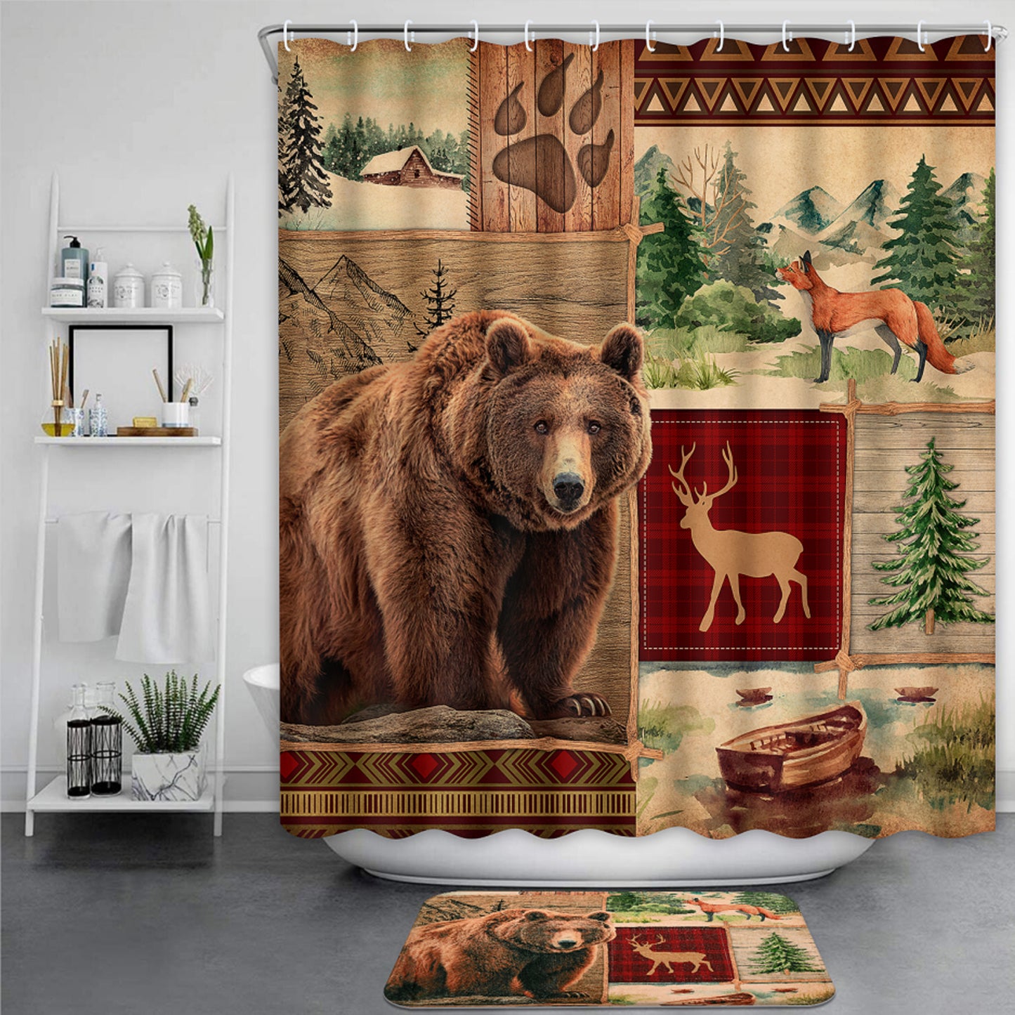 FRAMICS 16 Pc Rustic Bear Shower Curtain Sets with Rugs, Farmhouse Country Cabin Bathroom Sets, Brown Deer Waterproof Fabric Shower Curtain with 12 Hooks and Toilet Rugs