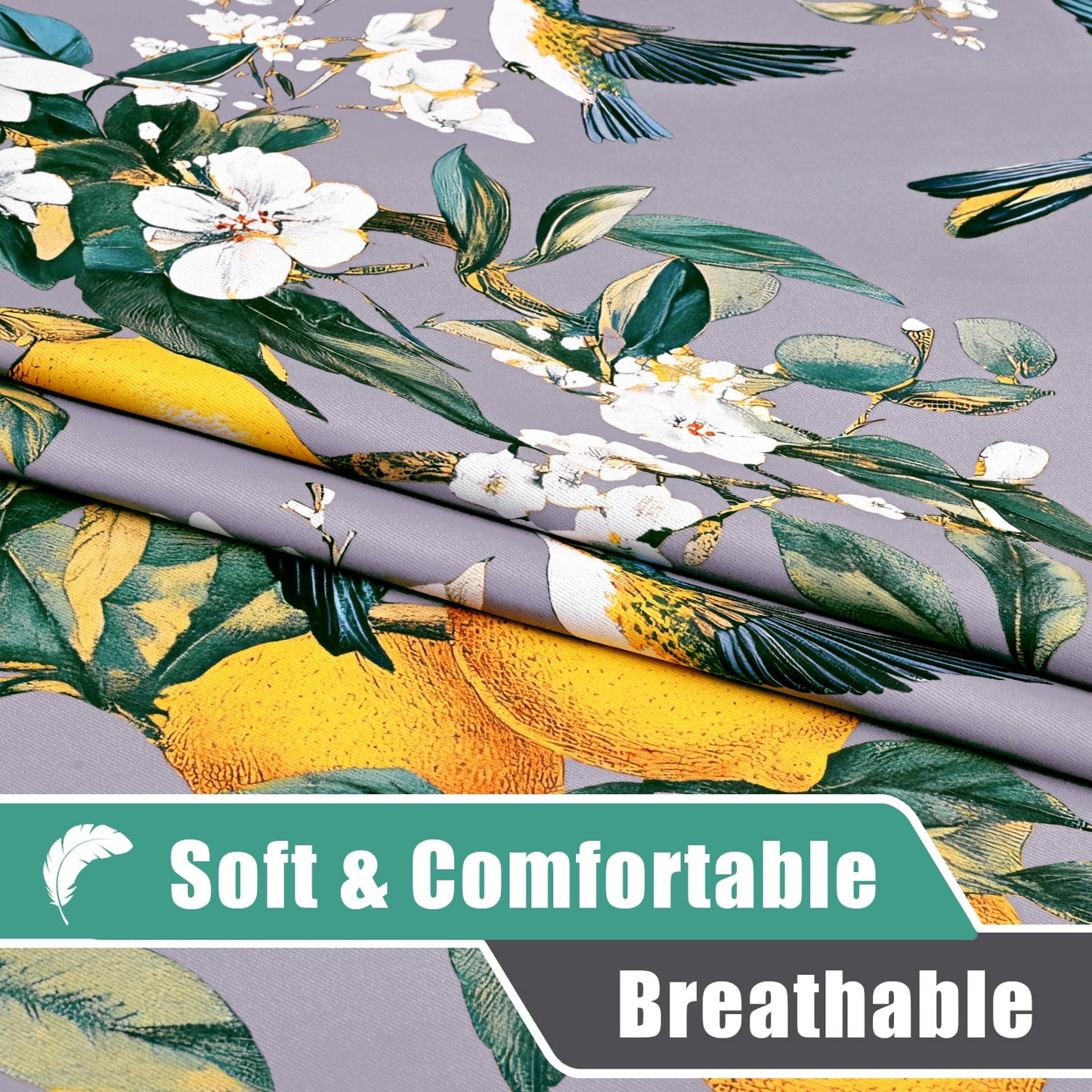 Alishomtll Floral Lemon Hummingbird Blackout Curtains Room Darkening Grommet Window Drapes for Living Room , 52"x84", ,Set of 2 Panels,Grey