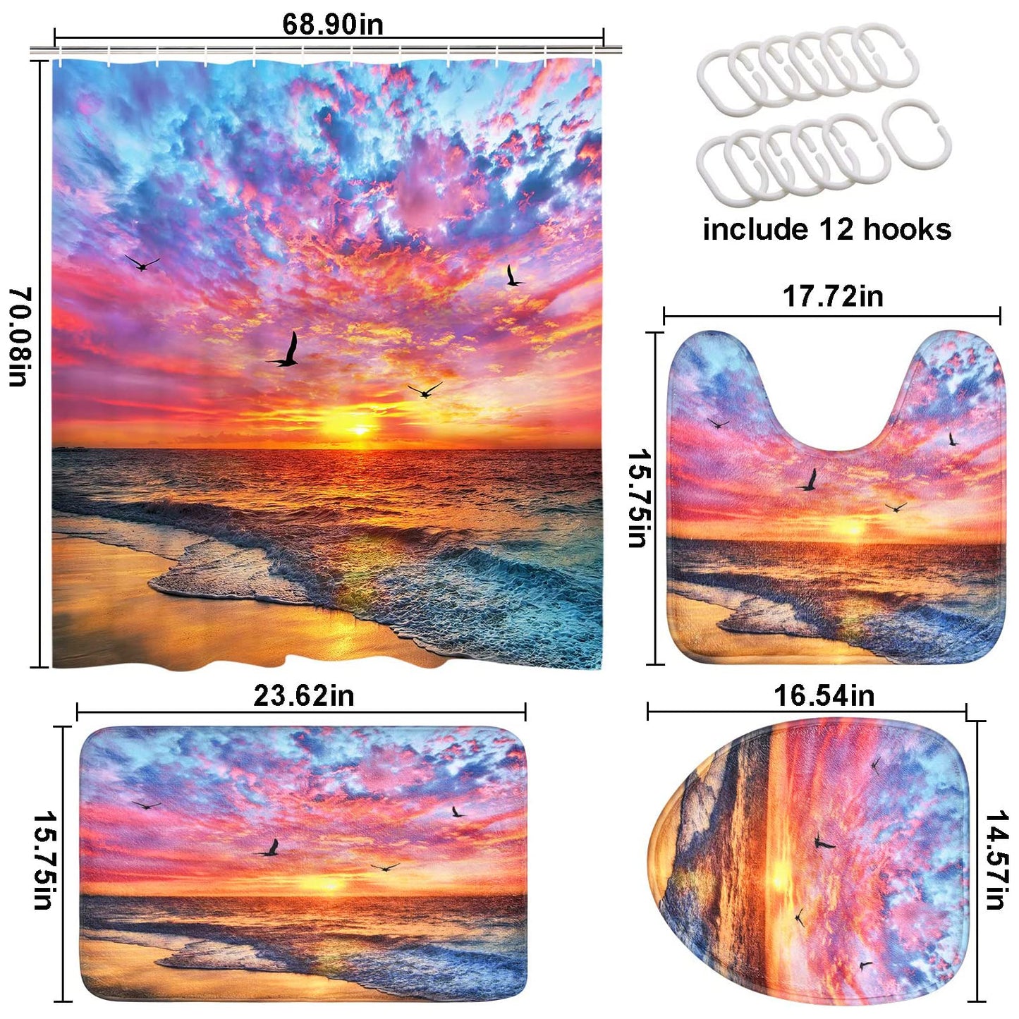 FRAMICS 16 Pc Beach Seagull Shower Curtain and Rug Sets, Purple Sunset Bathroom Sets, Waterproof Fabric Shower Curtain with 12 Hooks and Toilet Rugs