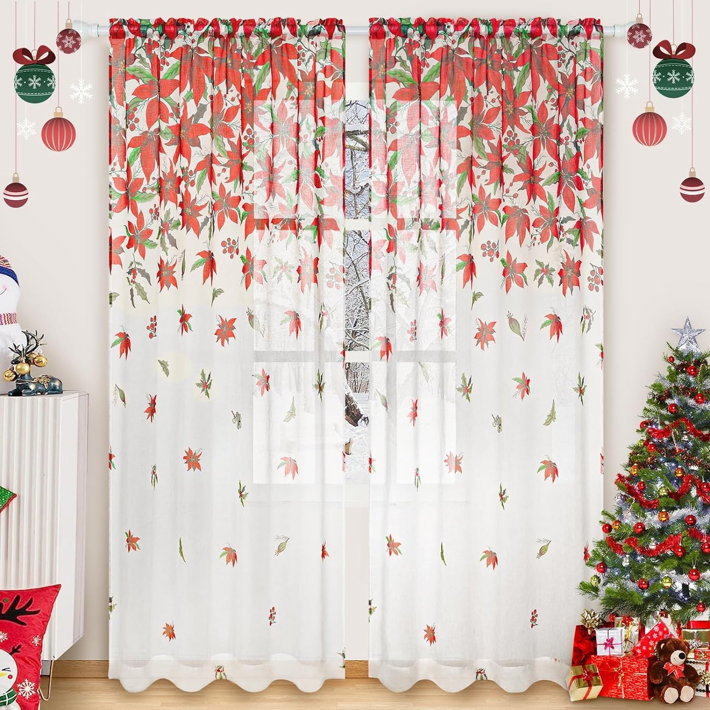 Alishomtll Christmas Sheer Curtains Poinsettia Theme Rod Pocket Window Drapes for Bedroom Living Room, 2 Panels,52 x 84 inch