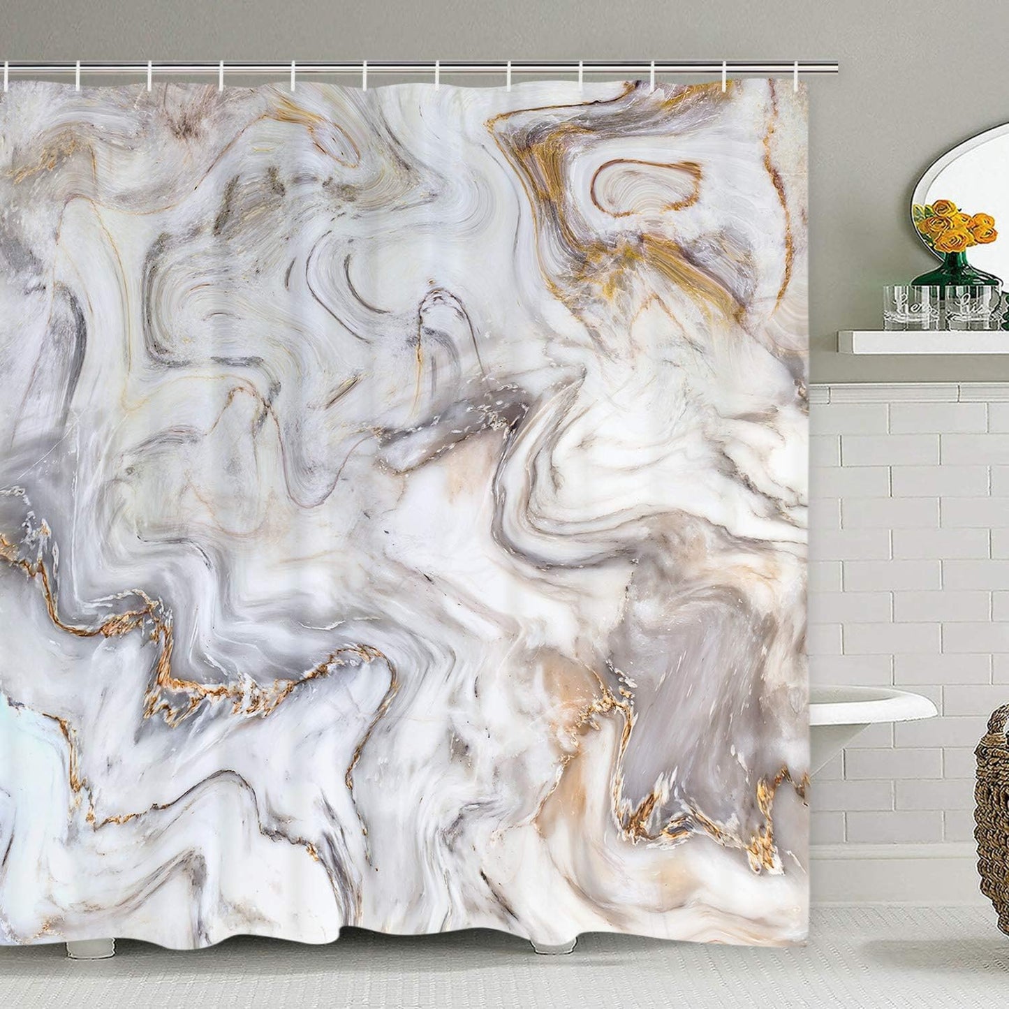 FRAMICS 16 Pc Beige Marble Shower Curtain and Rug Sets, Modern Abstract Bathroom Sets, Waterproof Fabric Shower Curtain with 12 Hooks and Toilet Rugs