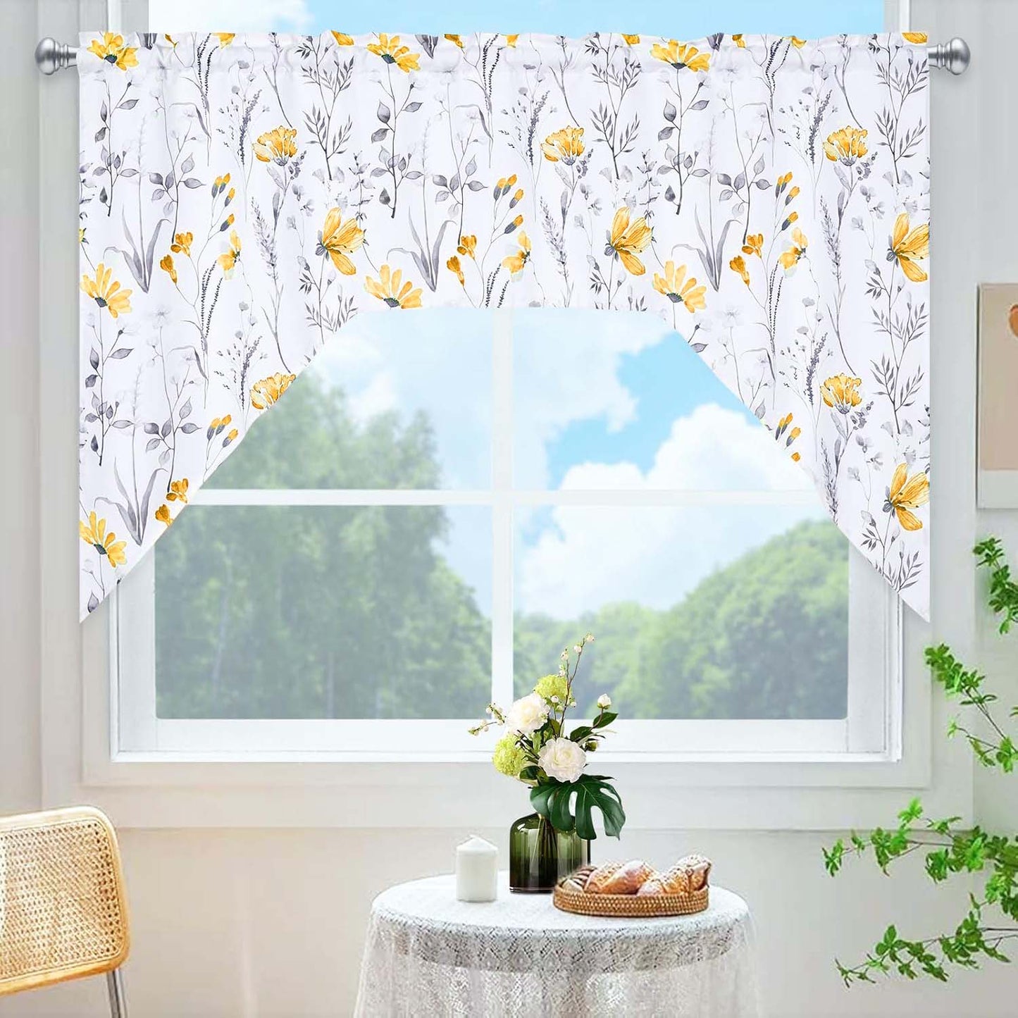 Alishomtll Kitchen Curtains Yellow Floral Valance Swag Curtains Watercolor Flower Window Drapes,61" W x 36" L,Rod Pocket