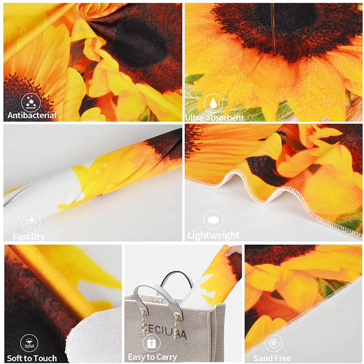 Alishomtll Yellow Bath Towel Sets With Sunflower Pattern Include Beach Towel, Hand Towel and Wash Towel, Super Soft Water Absorbent