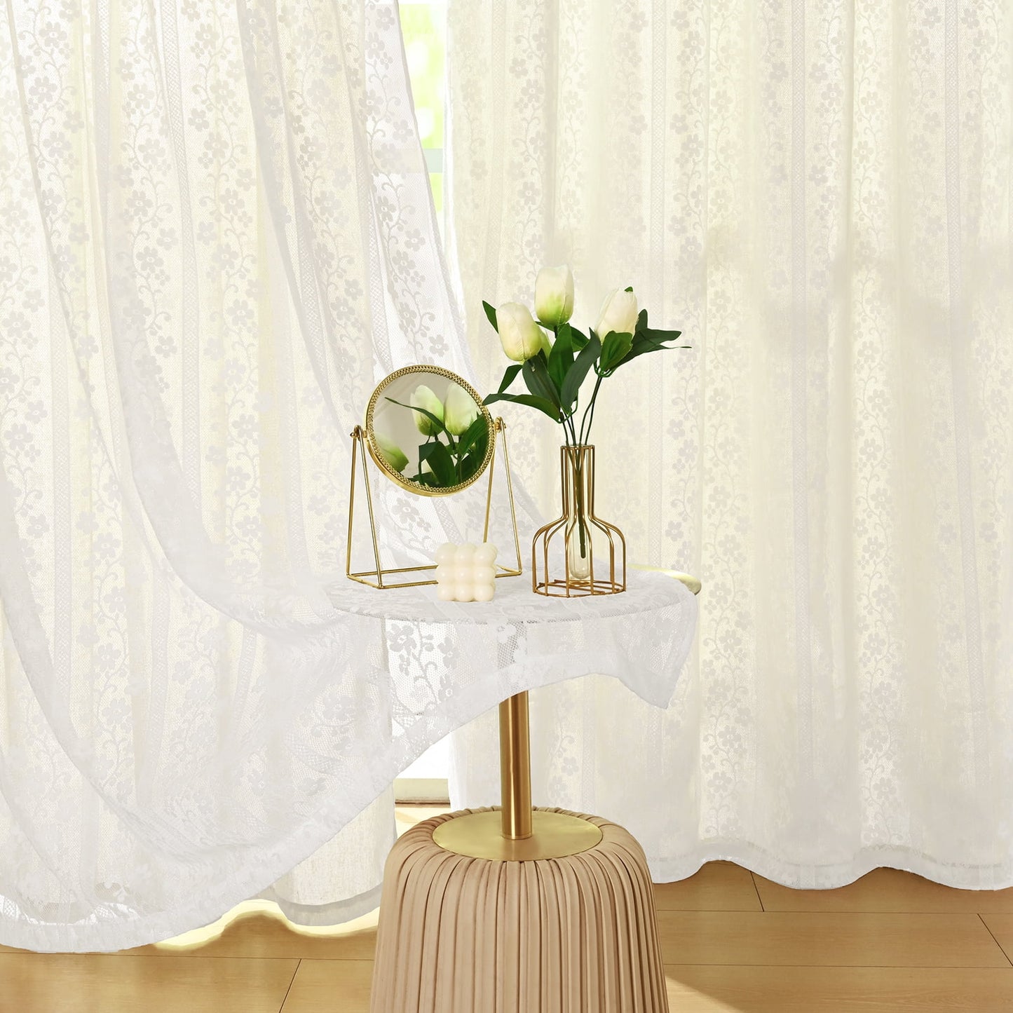 Alishomtll Beige Linen Curtains with Lace Sheer 84 Inches Long, Double Layer Light Filtering Window Drapes for Bedroom Living Room,W52 X L84,2 Panels