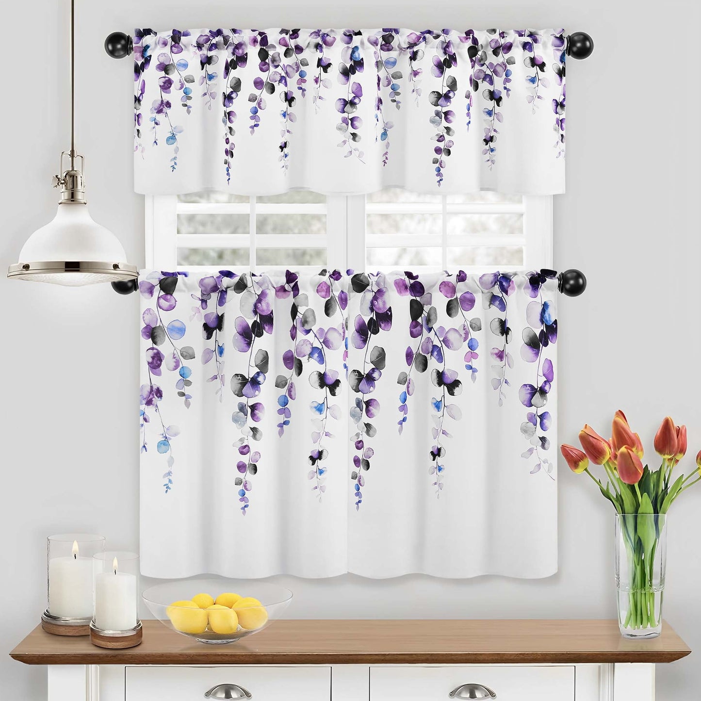 Alishomtll Valance Curtains for Living Room Bedroom Kitchen Windows Grey Purple Watercolor Leaves Print ,52 x 18 inch,Rod Pocket
