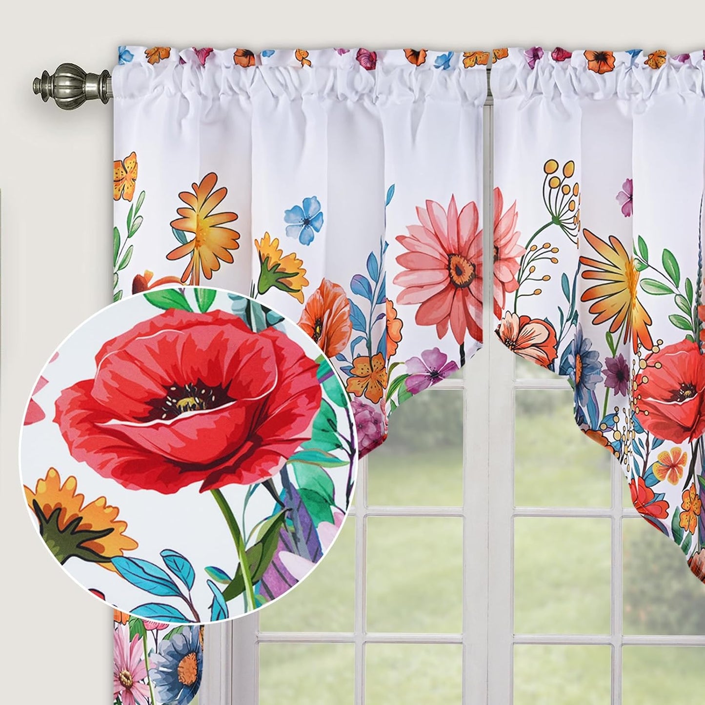 Alishomtll Kitchen Curtains Swags for Windows Blossom Floral Printed Window Drapes,28" W x 36" L,2 Panels,Rod Pocket,White