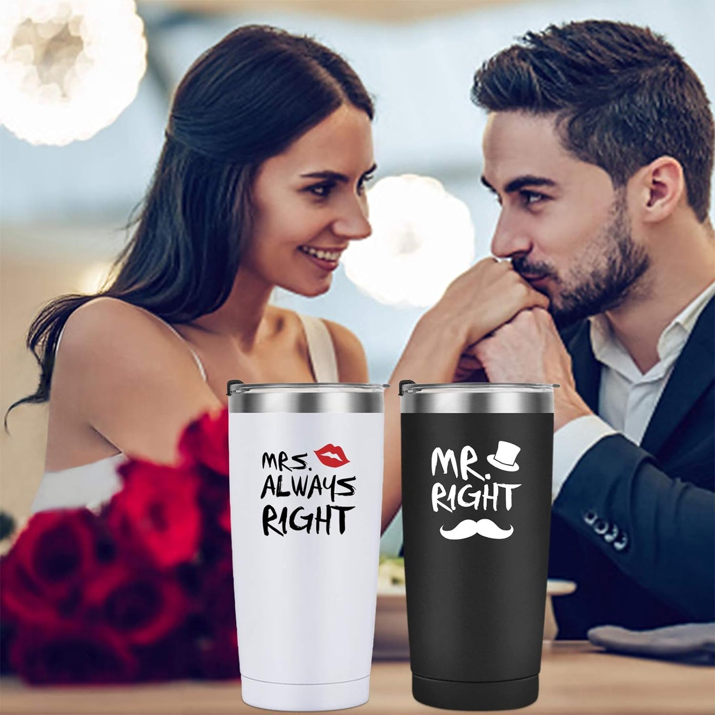 Gingprous 2 Pack 20 oz Mr. Right Mrs. Always Right Stainless Steel Travel Tumblers Set with Lids Straws , Black&White