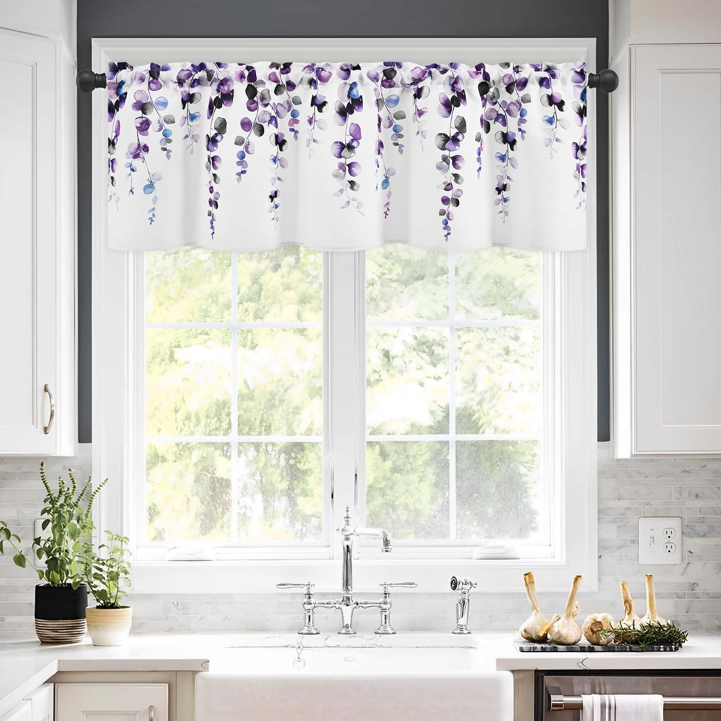 Alishomtll Valance Curtains for Living Room Bedroom Kitchen Windows Grey Purple Watercolor Leaves Print ,52 x 18 inch,Rod Pocket