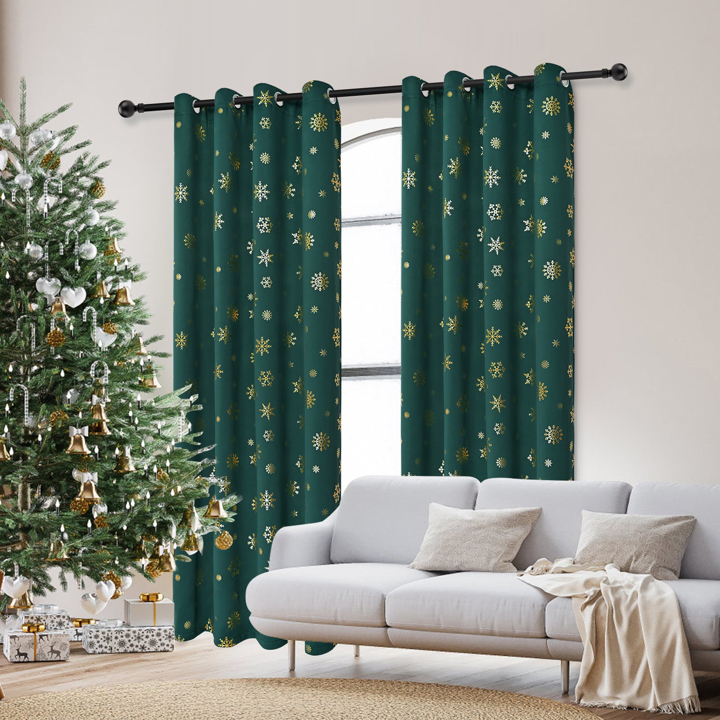 Alishomtll Gold Snowflake Foil Print Christmas Blackout Curtains, Christmas Grommet Window Curtains Drapes, 104" x 84", Green