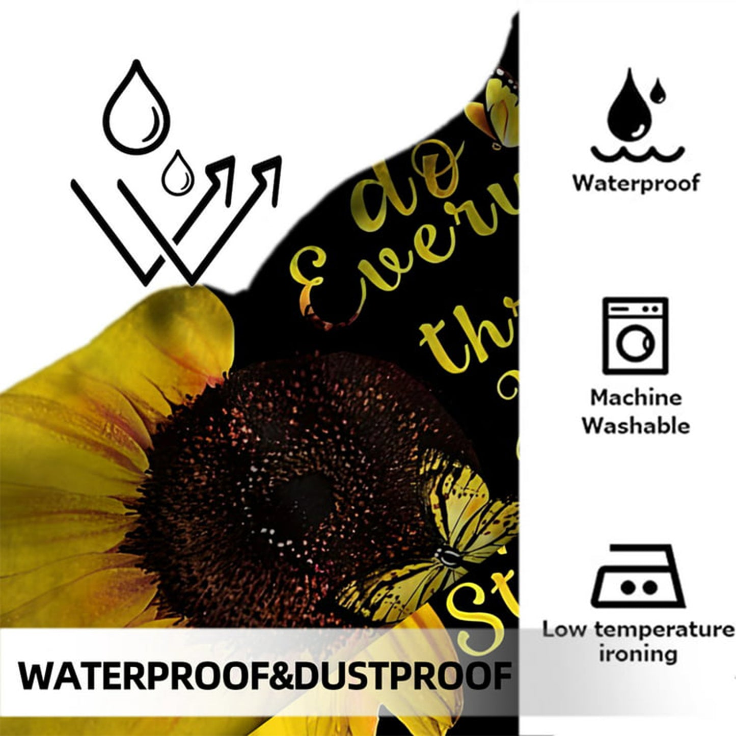 FRAMICS 16 Pc Sunflower Butterfly Shower Curtain and Rug Sets, Flower Quotes Bathroom Sets, Black Waterproof Fabric Shower Curtain with 12 Hooks and Toilet Rugs