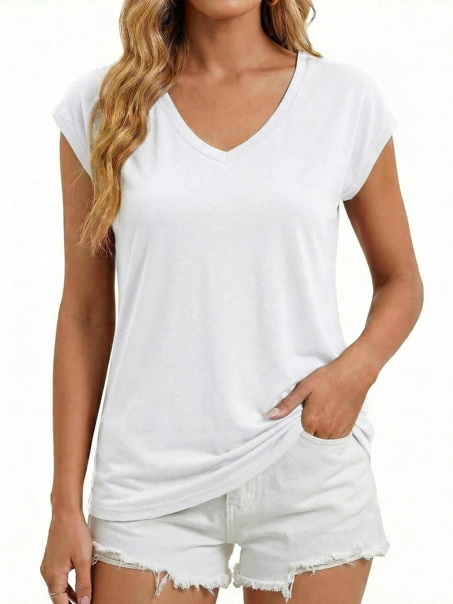 Gingprous Womens V-Neck Cap Sleeve T-Shirt Casual Loose Fit Basic Tee Summer Top