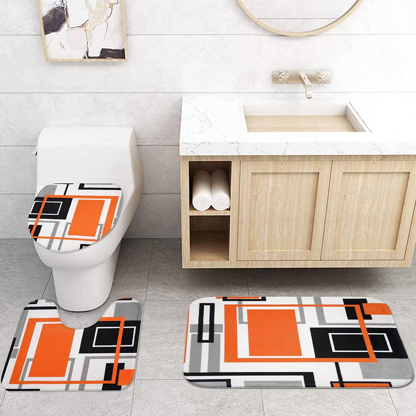 FRAMICS Orange Geometric Shower Curtain Sets with Rugs, 16 Pc Modern Abstract Bathroom Sets, Waterproof Fabric Bathroom Curtain Decor with Hooks