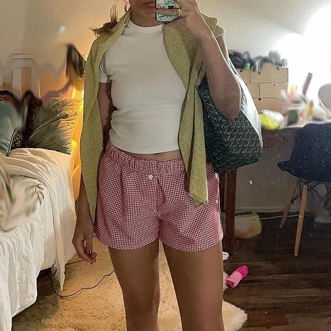 Women Plaid Shorts Elastic Waist Micro Gingham Boxers Loose Fit Pajamas Boy Shorts Cute Going Out Mini Bloomer