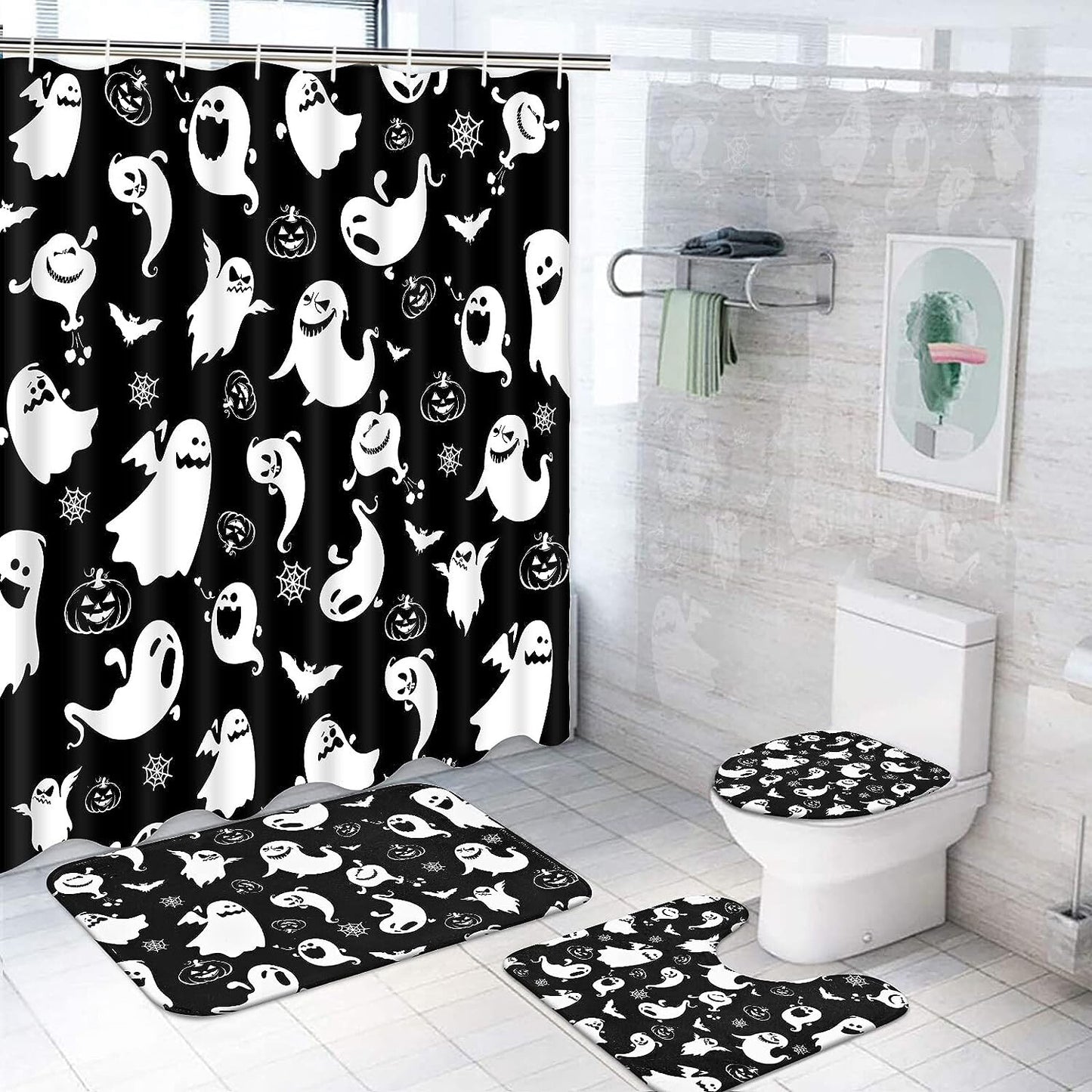 FRAMICS Halloween Ghost Shower Curtain Sets with Rugs and Accessories, 16 Pc Funny Spook Bathroom Sets, Black White Waterproof Fabric Shower Curtain with 12 Hooks and Toilet Rugs