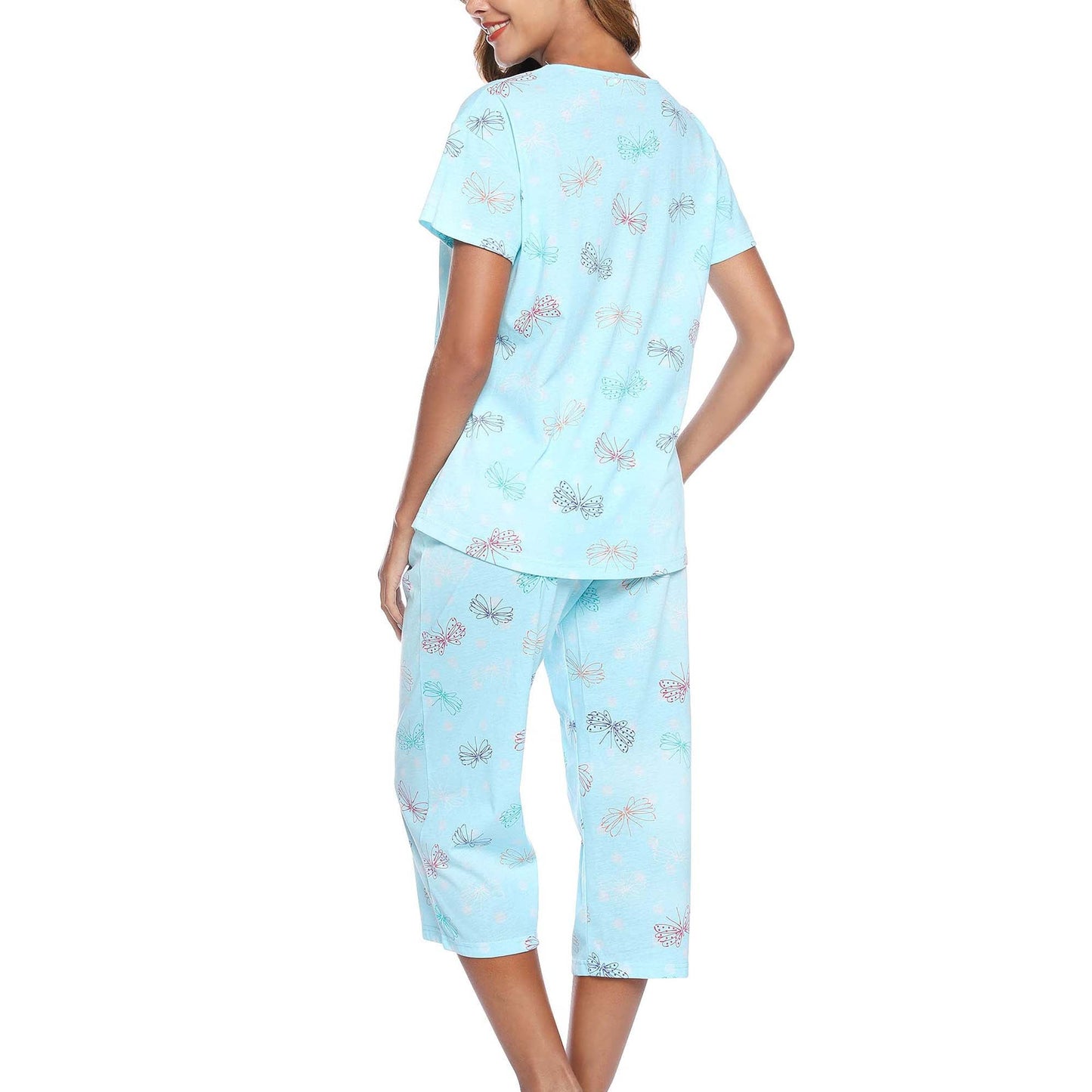 MecTo Womens Pajama Sets Cotton Pj Set Short Sleeve Top with Capri Pants Sleepwear 2 Piece Lounge Set