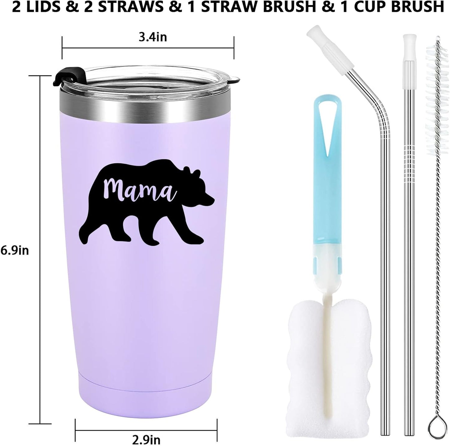 Gingprous 20 oz "Mama" Stainless Steel Tumblers with Lids Straws, Double Wall Travel Tumblers, Vacuum Insulated Tumblers , Mothers Day Birthday Christmas Gifts,Purple
