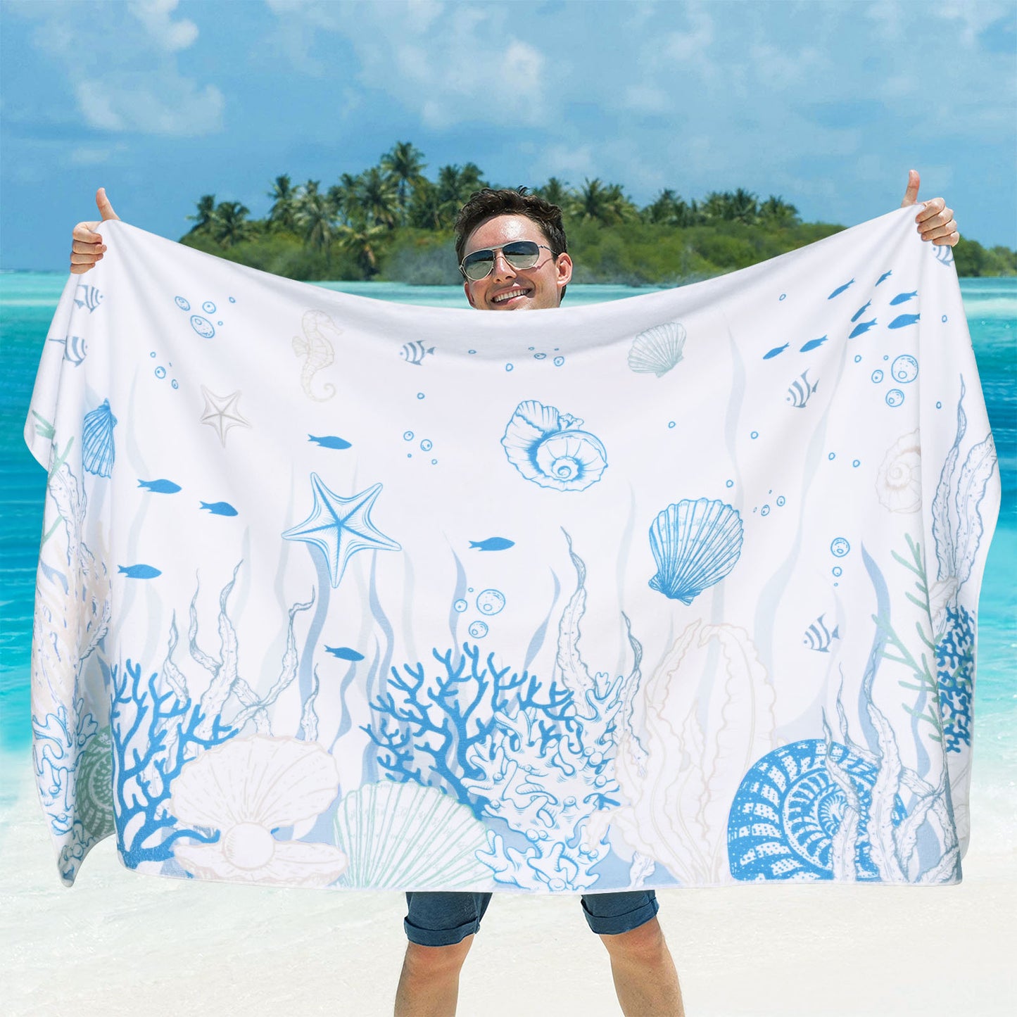 Alishomtll Ocean Bath Towels Set ,Blue White Nautical Coral Starfish Seashell Towels Include Bath Towel, Hand Towel And Kitchen Dish Towel